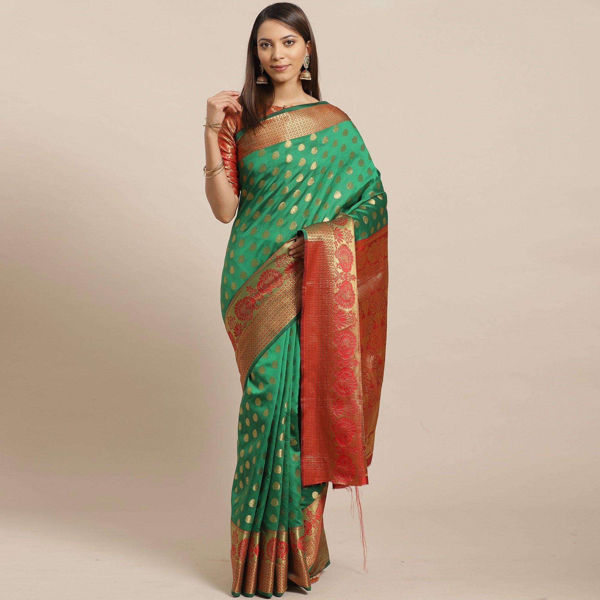 Exclusive Green - Red Colored Festive Wear Woven Silk Blend Saree - Peachmode