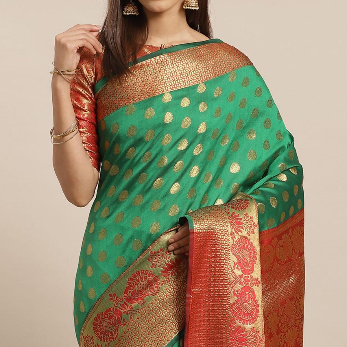 Exclusive Green - Red Colored Festive Wear Woven Silk Blend Saree - Peachmode