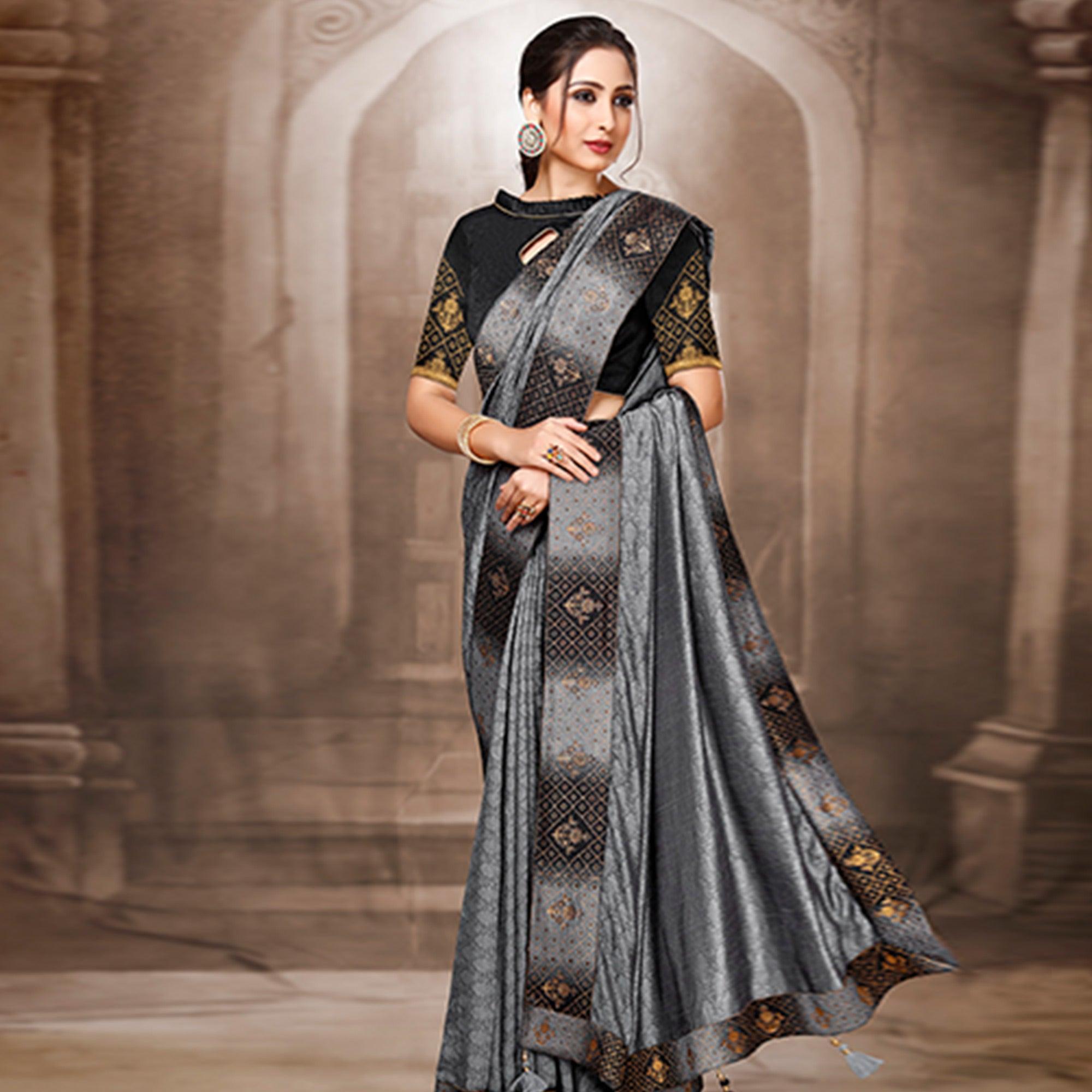 Exclusive Grey Colored Festive Wear Woven Silk Saree - Peachmode