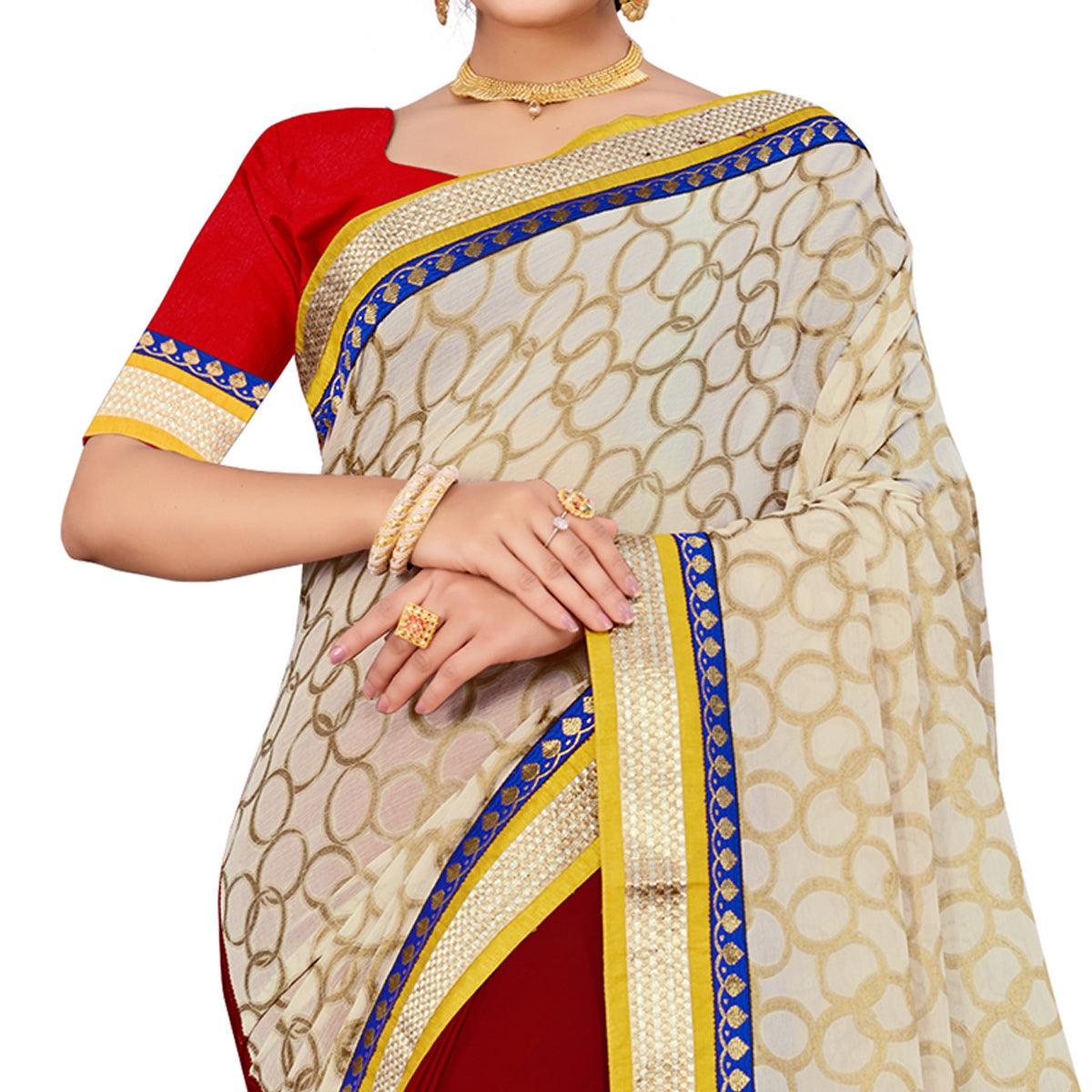 Exclusive Maroon-Cream Colored party Wear Georgette Half-Half Saree - Peachmode