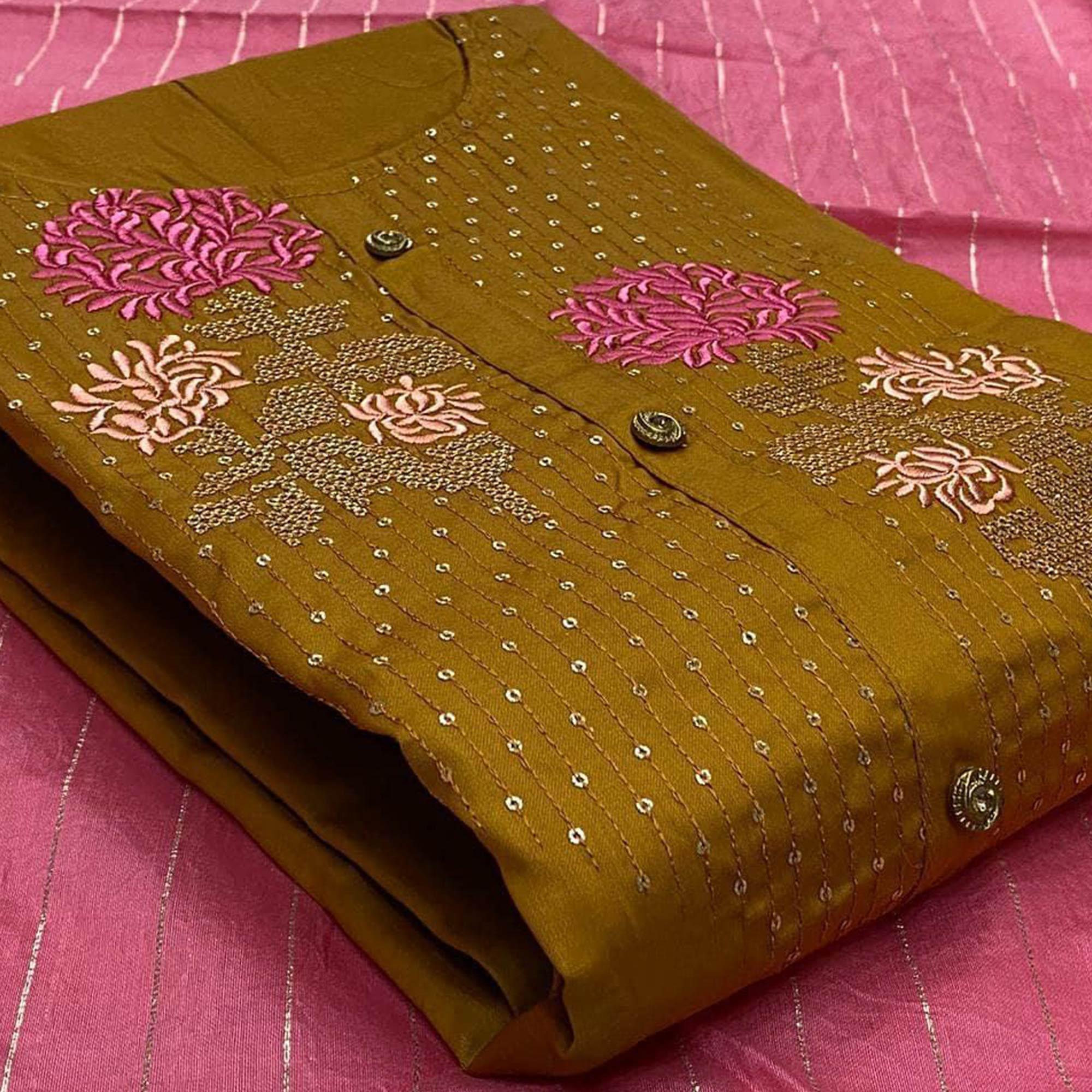 Exclusive Mustard Yellow Colored Casual Embroidered Cotton Dress Material - Peachmode