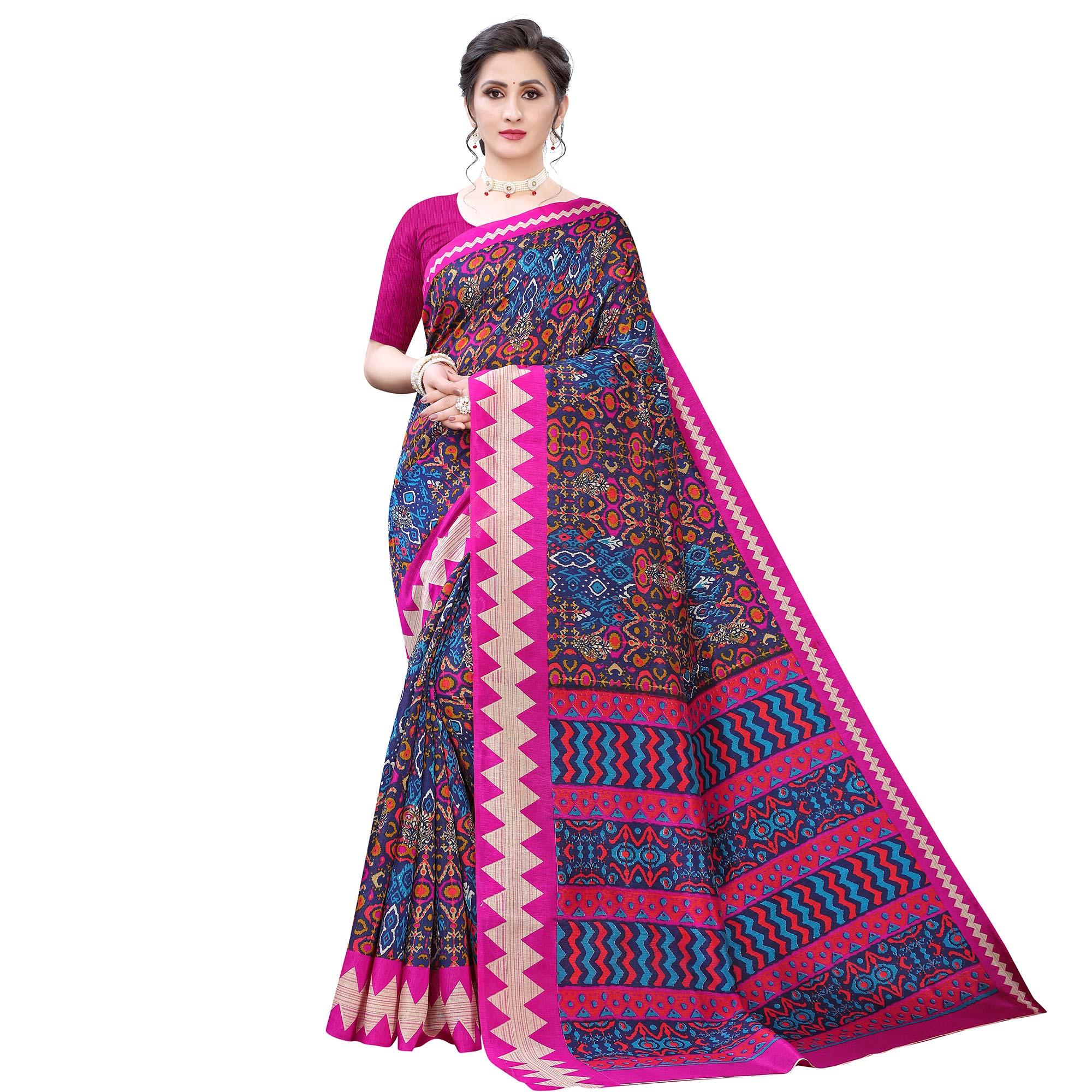 Exclusive Navy Blue - Pink Colored Casual Wear Printed Art Silk Saree - Peachmode