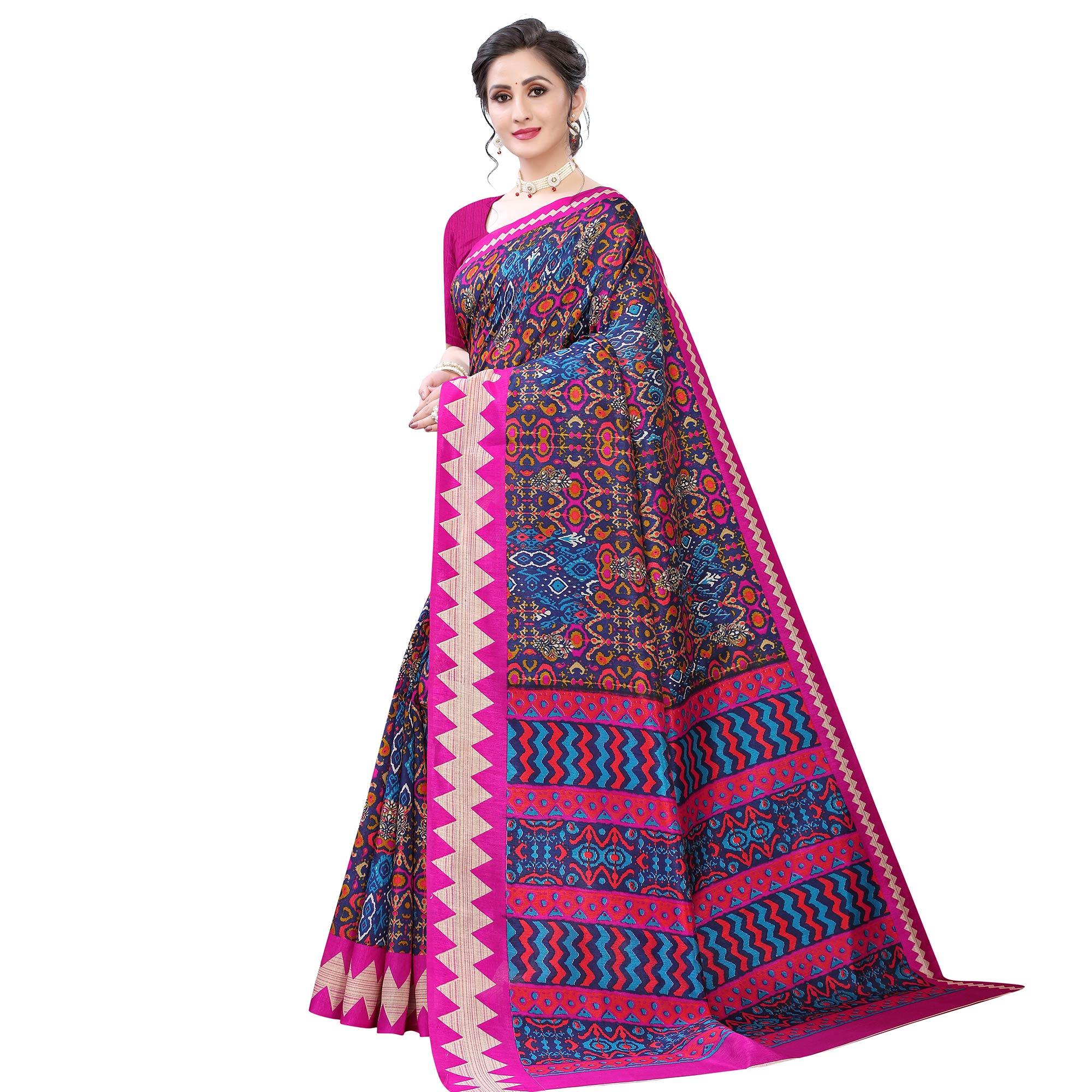 Exclusive Navy Blue - Pink Colored Casual Wear Printed Art Silk Saree - Peachmode