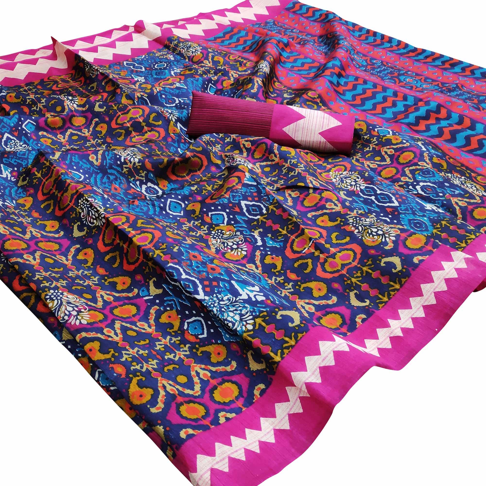 Exclusive Navy Blue - Pink Colored Casual Wear Printed Art Silk Saree - Peachmode
