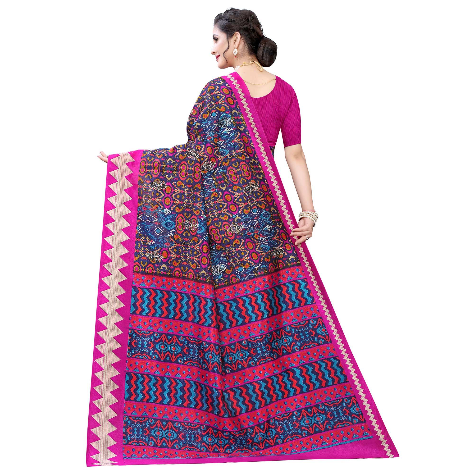 Exclusive Navy Blue - Pink Colored Casual Wear Printed Art Silk Saree - Peachmode
