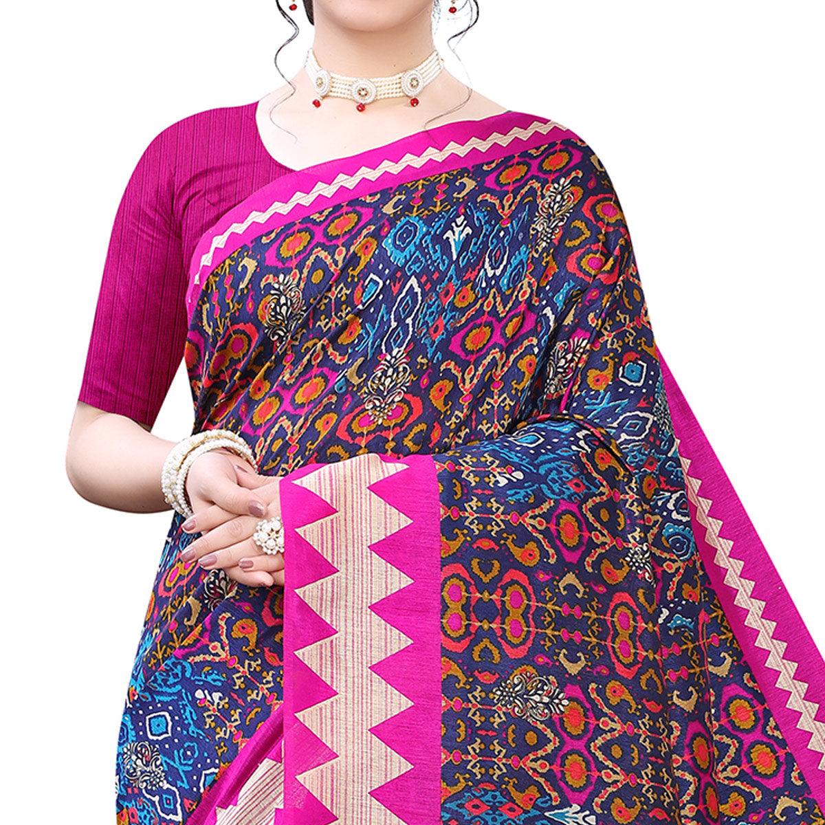 Exclusive Navy Blue - Pink Colored Casual Wear Printed Art Silk Saree - Peachmode