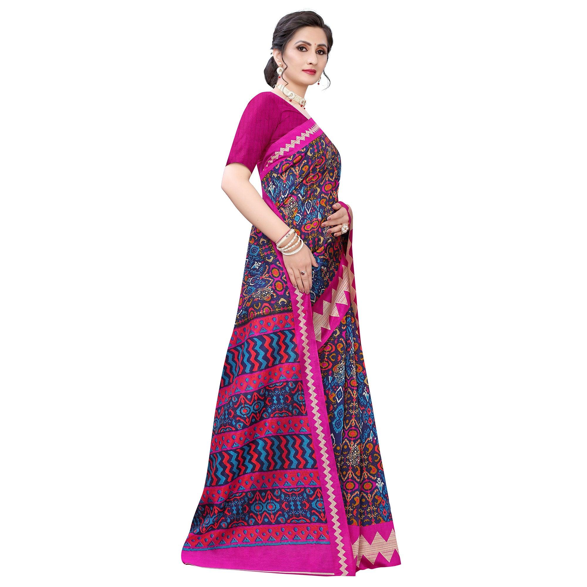 Exclusive Navy Blue - Pink Colored Casual Wear Printed Art Silk Saree - Peachmode