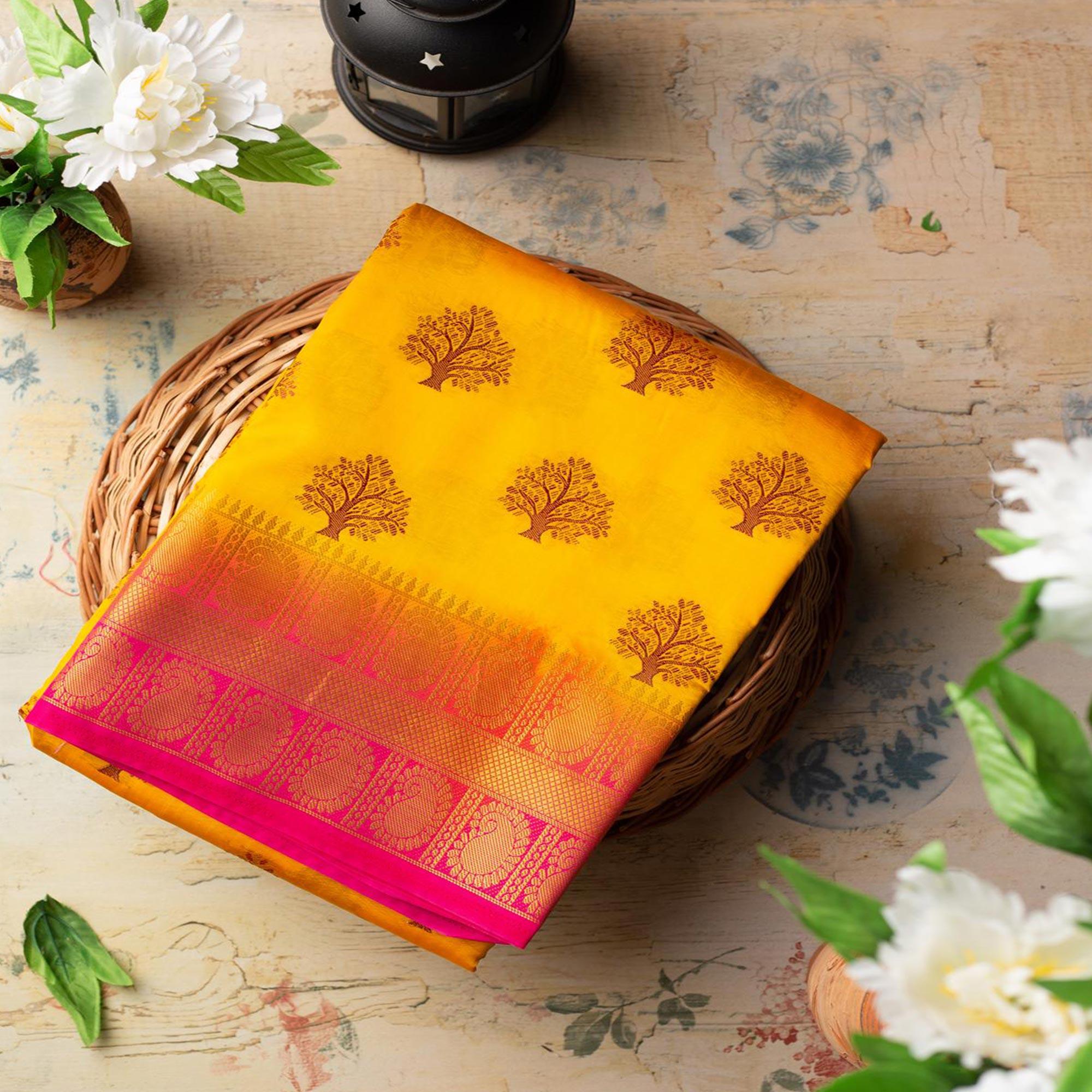 Exclusive Orange Colored Festive Wear Woven Art Silk Saree - Peachmode