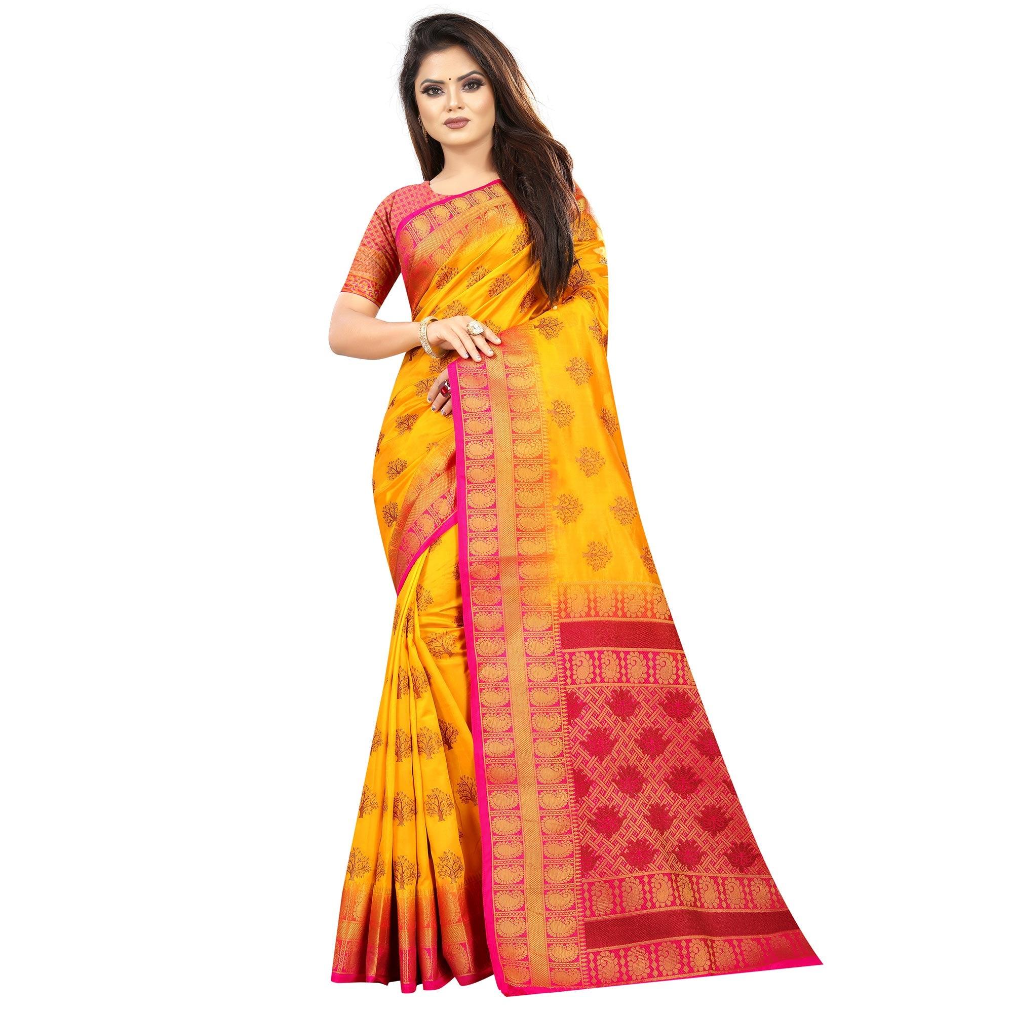 Exclusive Orange Colored Festive Wear Woven Art Silk Saree - Peachmode