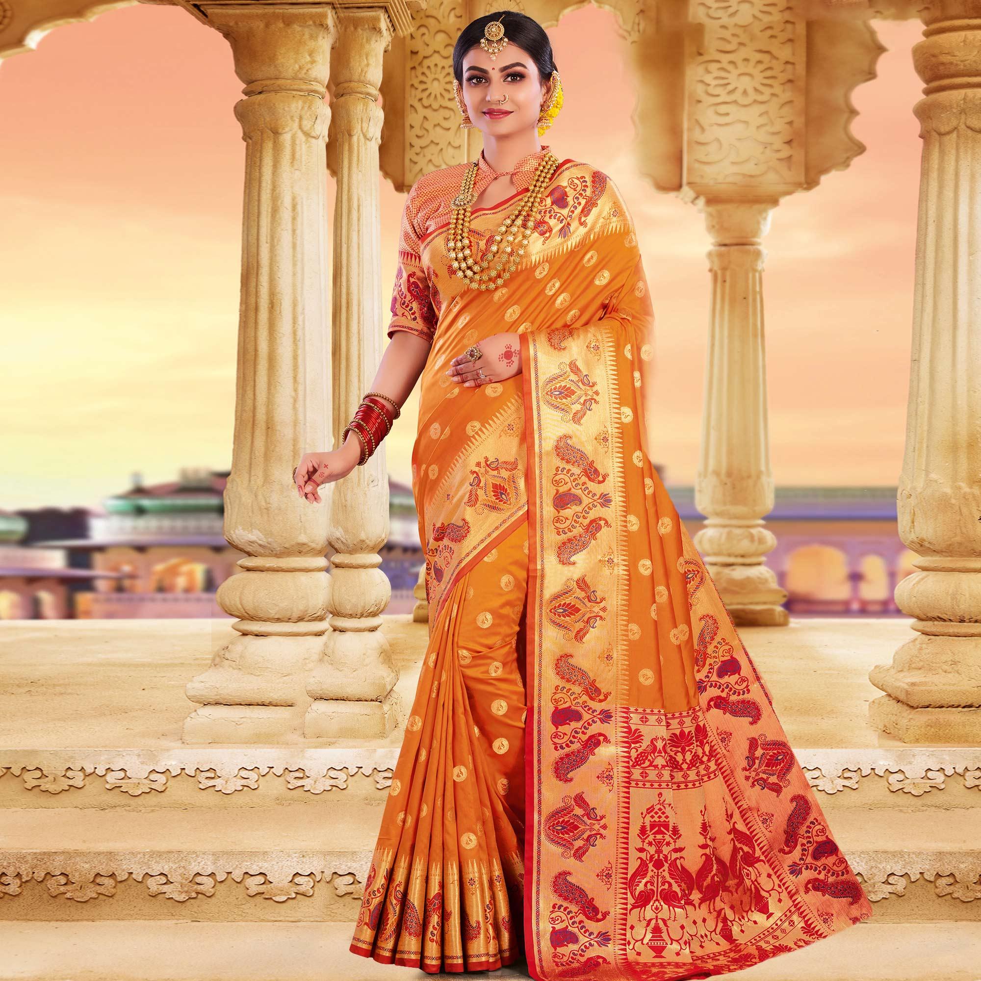 Exclusive Orange Colored Festive Wear Woven Silk Saree - Peachmode