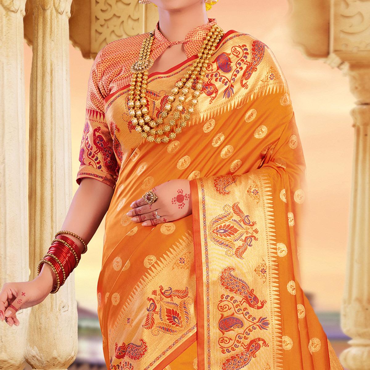 Exclusive Orange Colored Festive Wear Woven Silk Saree - Peachmode