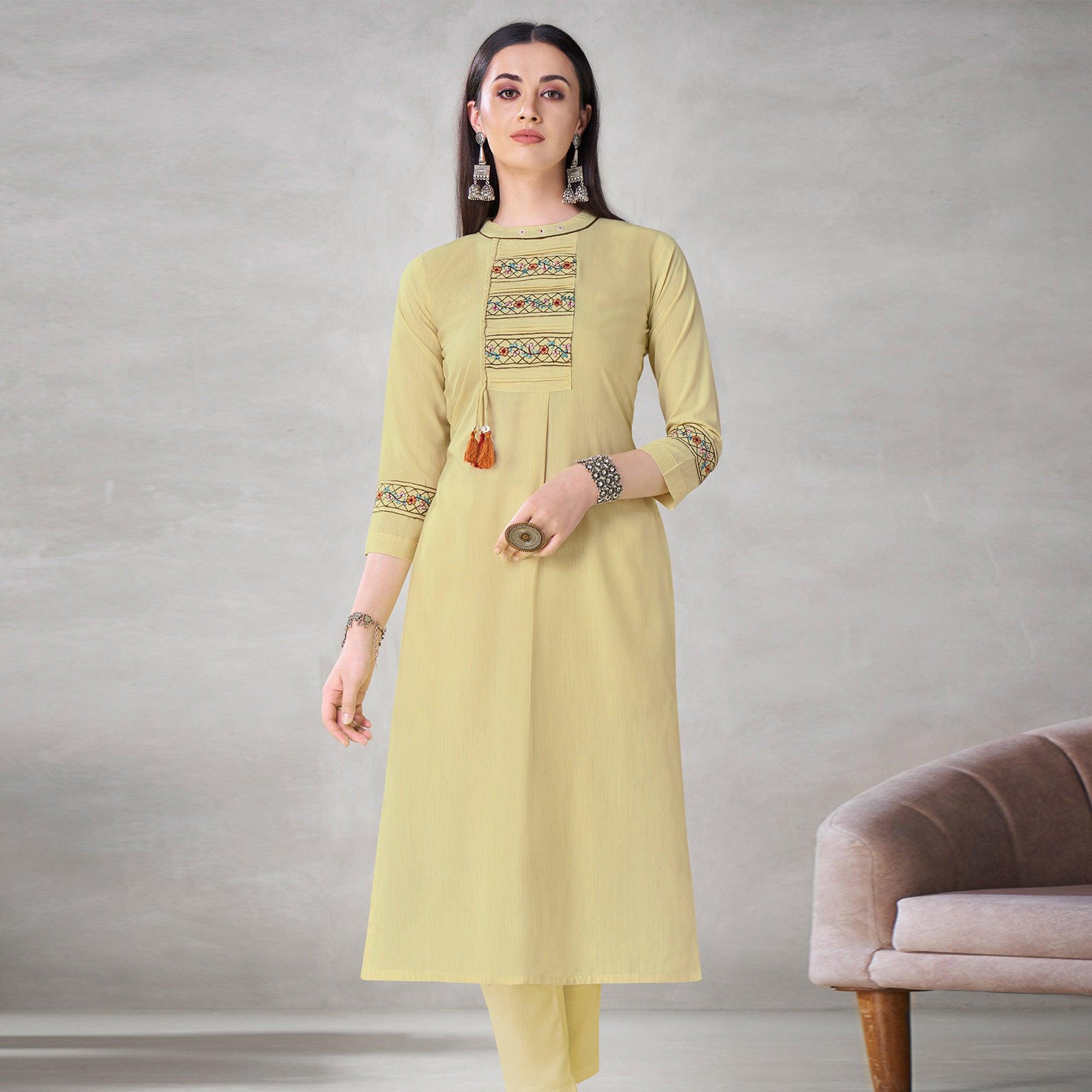 Exclusive Pastel Yellow Colored Partywear Embroidered Viscose Kurti - Peachmode