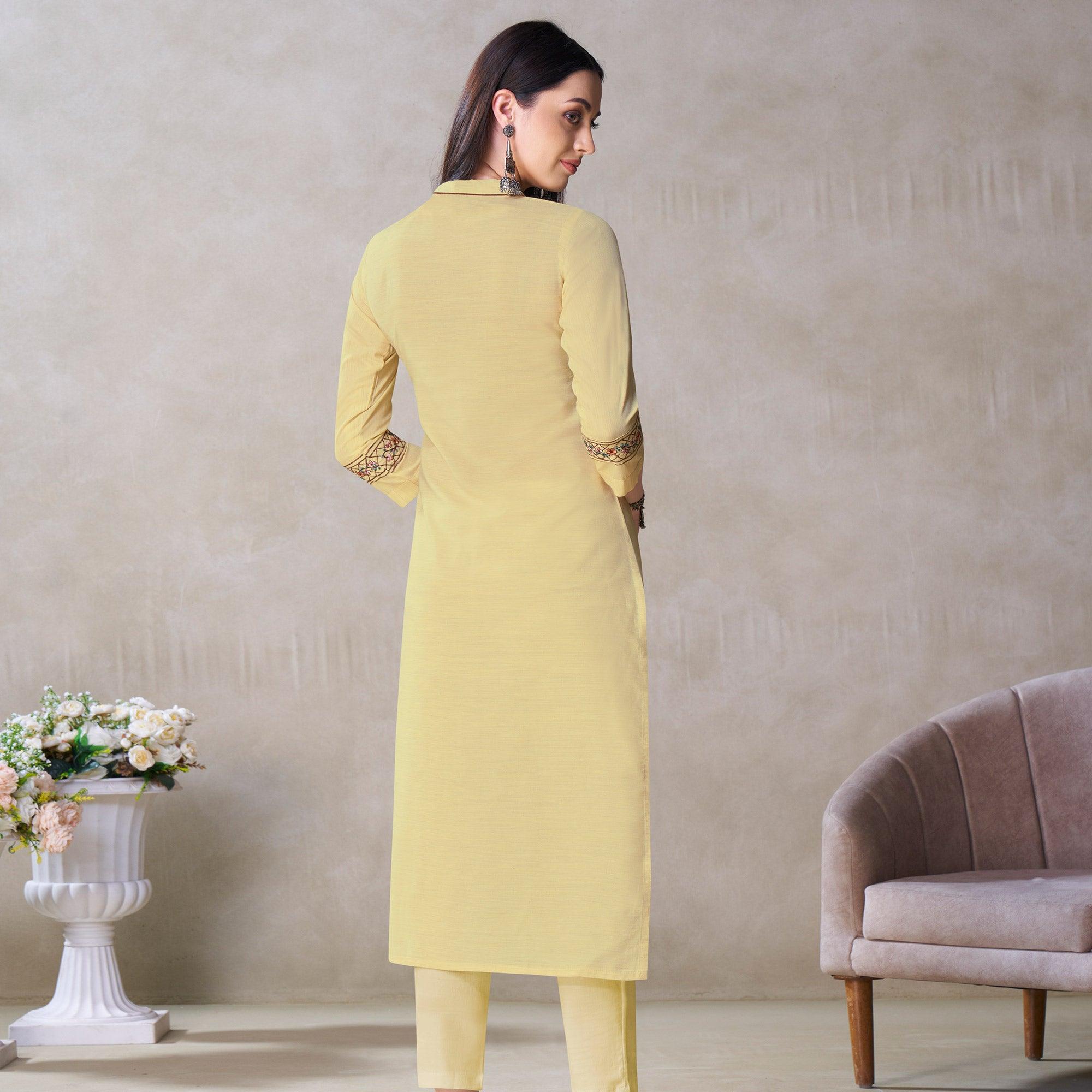 Exclusive Pastel Yellow Colored Partywear Embroidered Viscose Kurti - Peachmode
