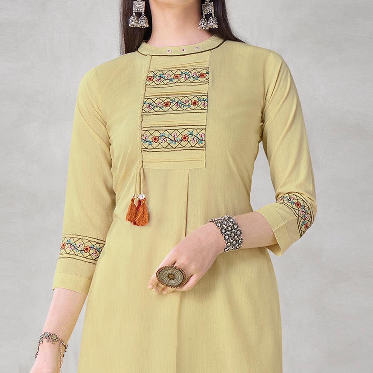 Exclusive Pastel Yellow Colored Partywear Embroidered Viscose Kurti - Peachmode
