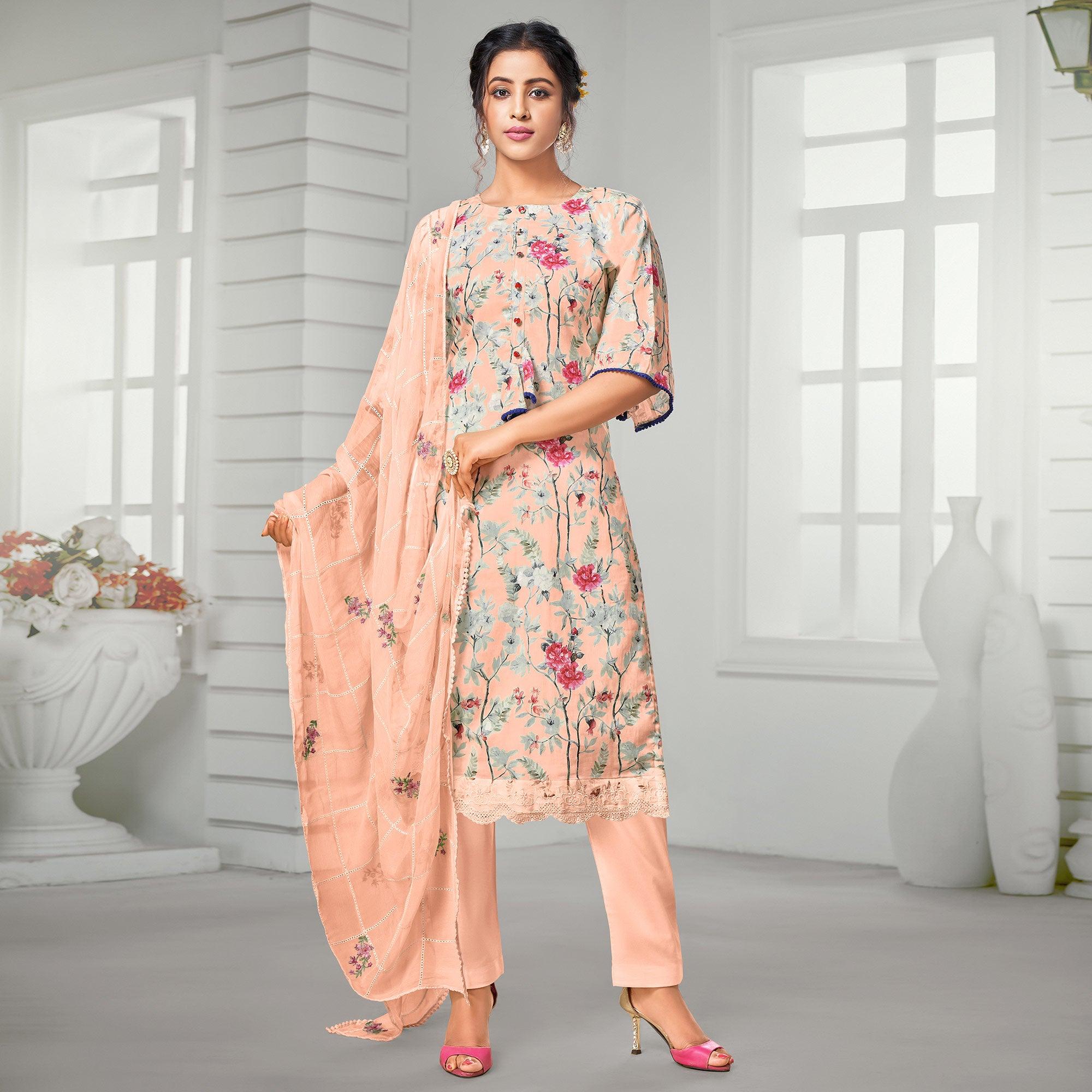 Exclusive Peach Colored Casual Wear Digital Printed Cotton Dress Material - Peachmode