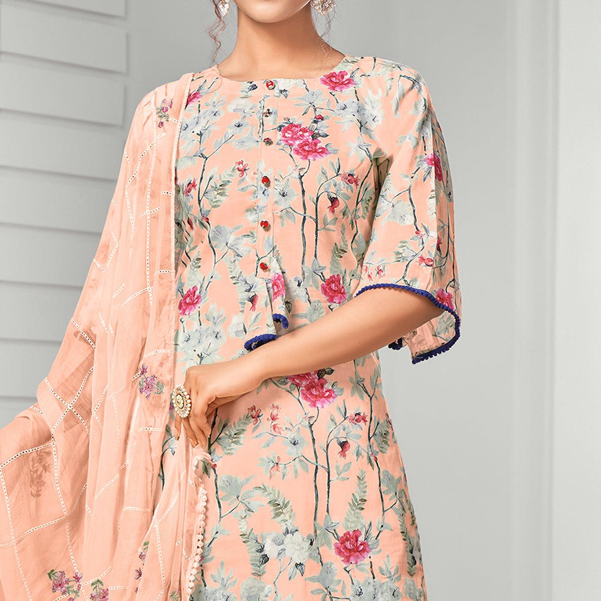 Exclusive Peach Colored Casual Wear Digital Printed Cotton Dress Material - Peachmode