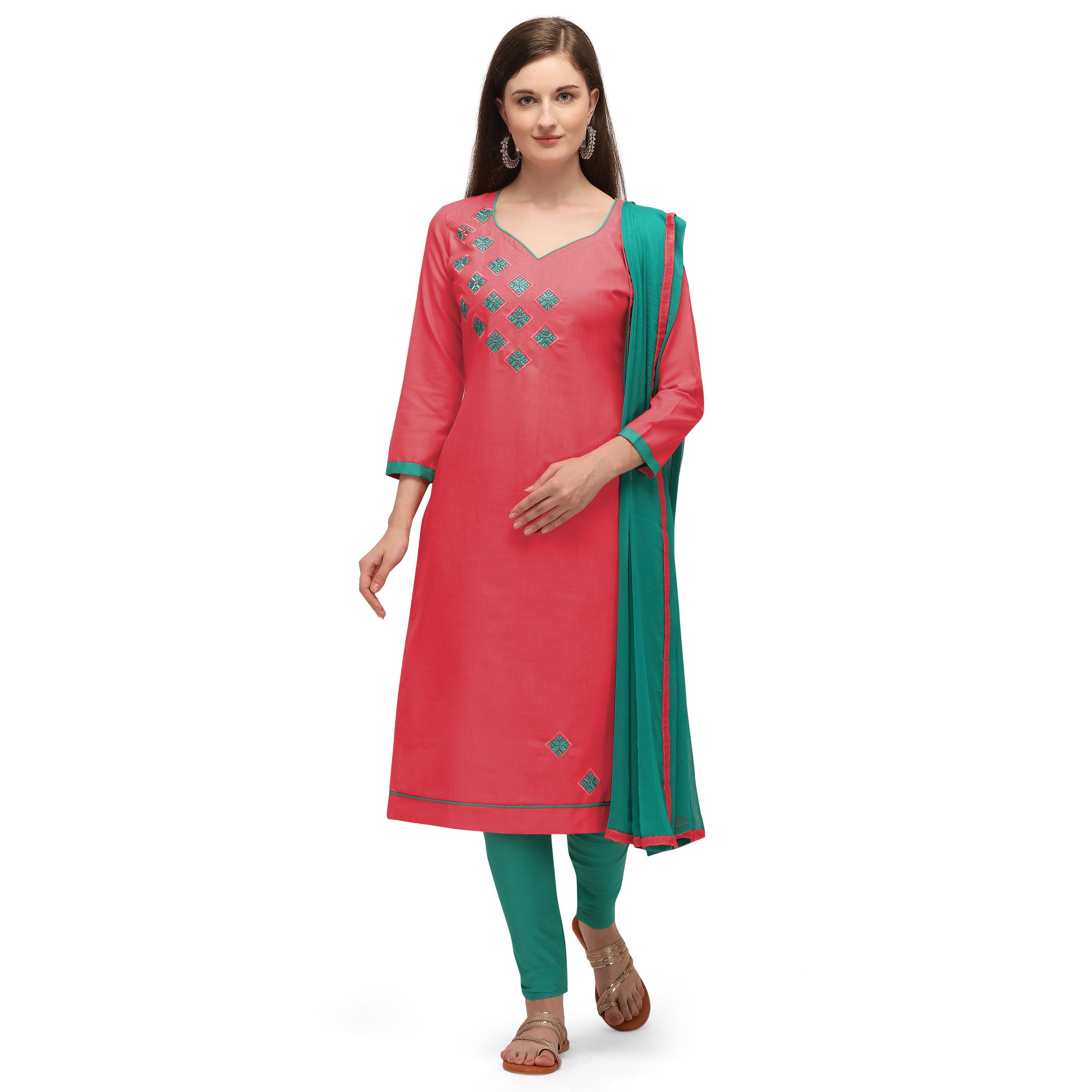 Exclusive Peach Coloured Embroidered Casual Wear Cotton Dress Material - Peachmode