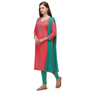 Exclusive Peach Coloured Embroidered Casual Wear Cotton Dress Material - Peachmode