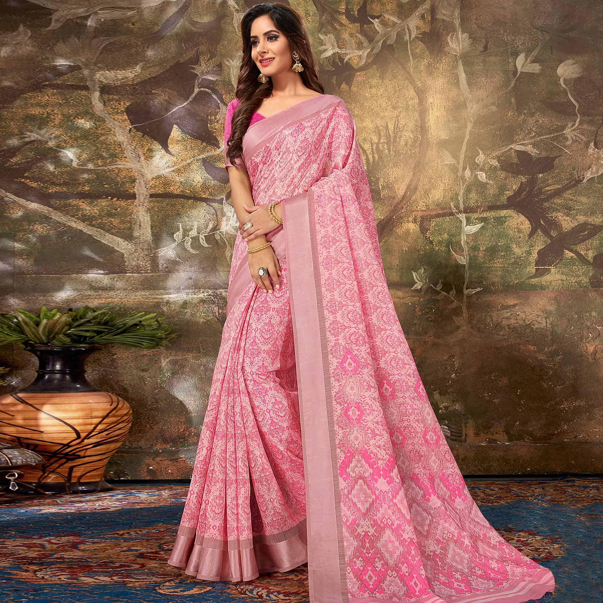 Exclusive Pink Colored Casual Wear Printed Cotton Saree - Peachmode
