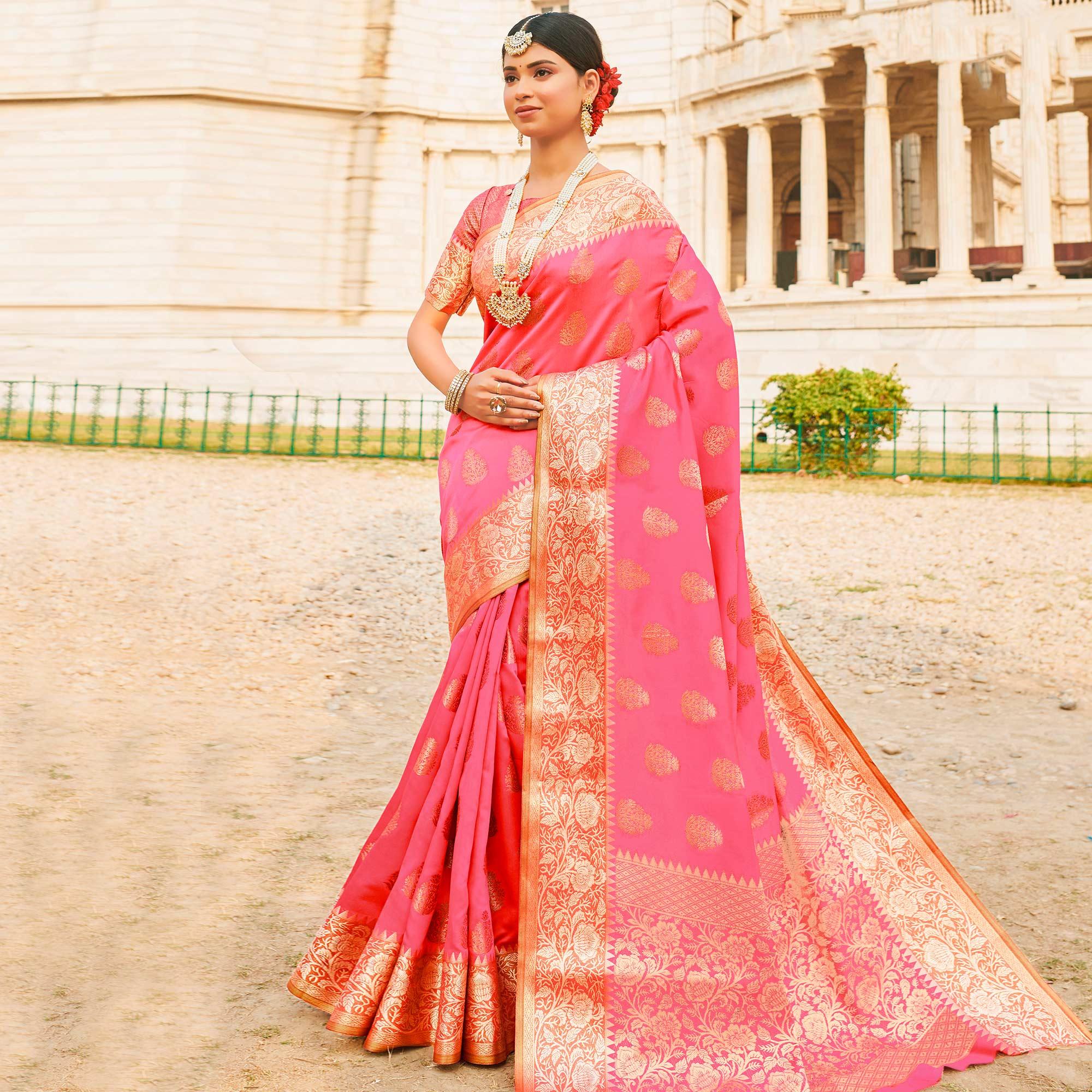 Exclusive Pink Colored Festive Wear Woven Silk Sareee - Peachmode