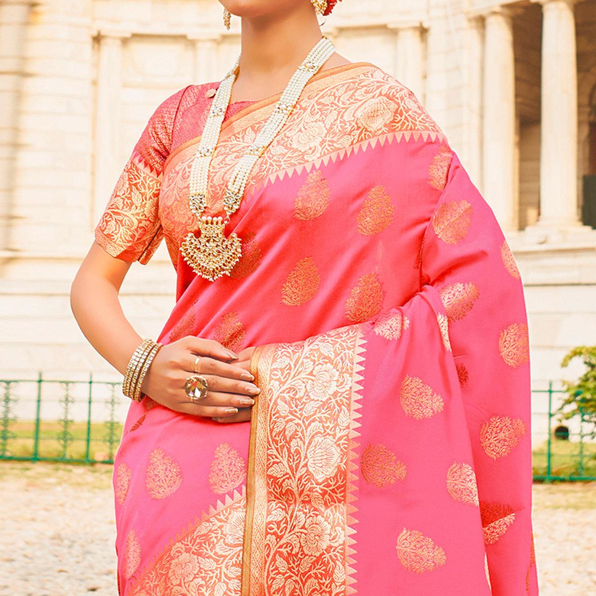 Exclusive Pink Colored Festive Wear Woven Silk Sareee - Peachmode