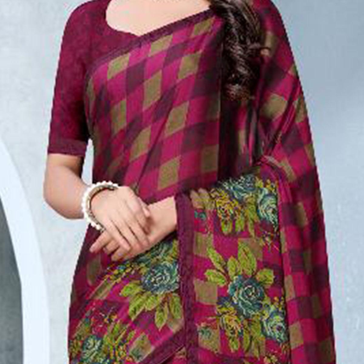Exclusive Pink Colored Partywear Checkered Printed Chiffon Saree - Peachmode
