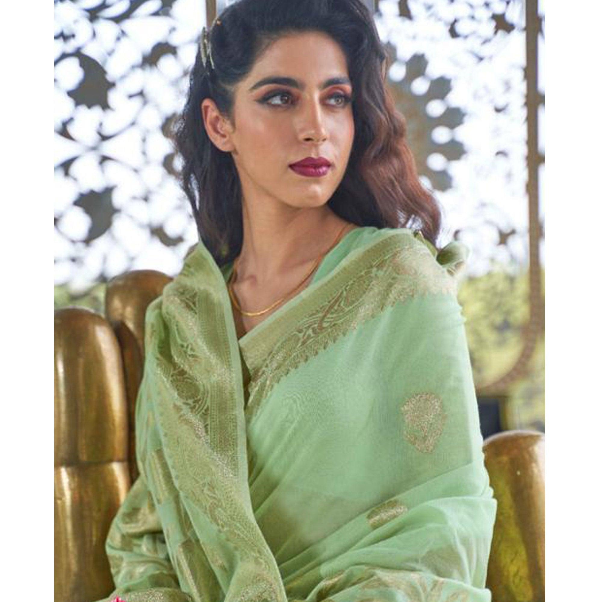 Exclusive Pista Green Coloured Partywear Pure Modal Woven Silk Saree - Peachmode