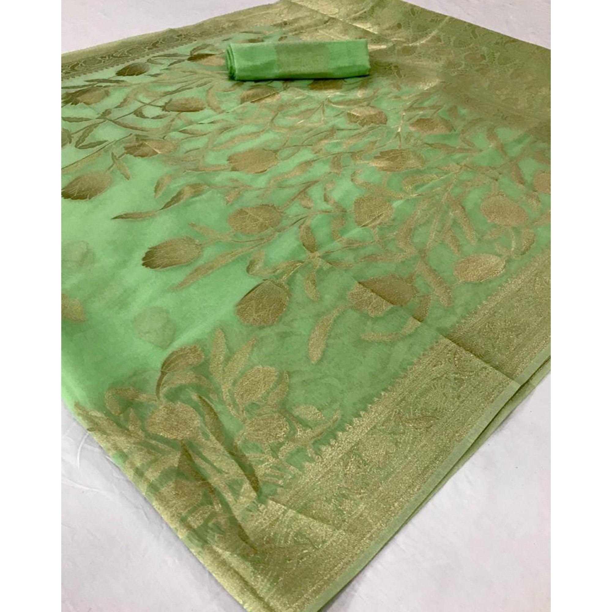 Exclusive Pista Green Coloured Partywear Pure Modal Woven Silk Saree - Peachmode