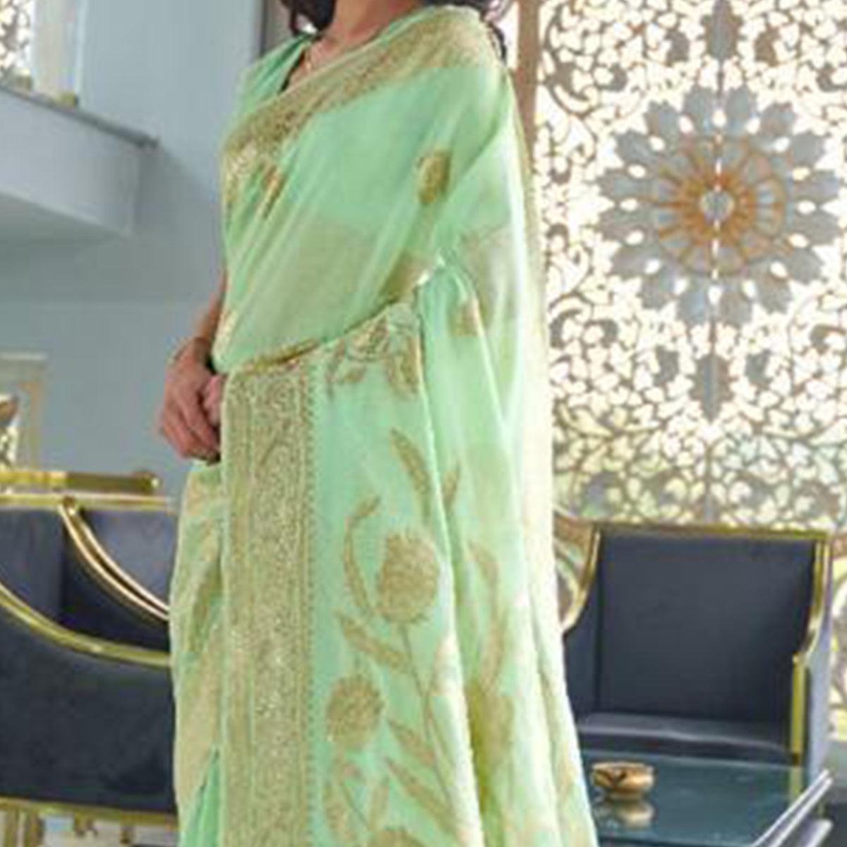 Exclusive Pista Green Coloured Partywear Pure Modal Woven Silk Saree - Peachmode