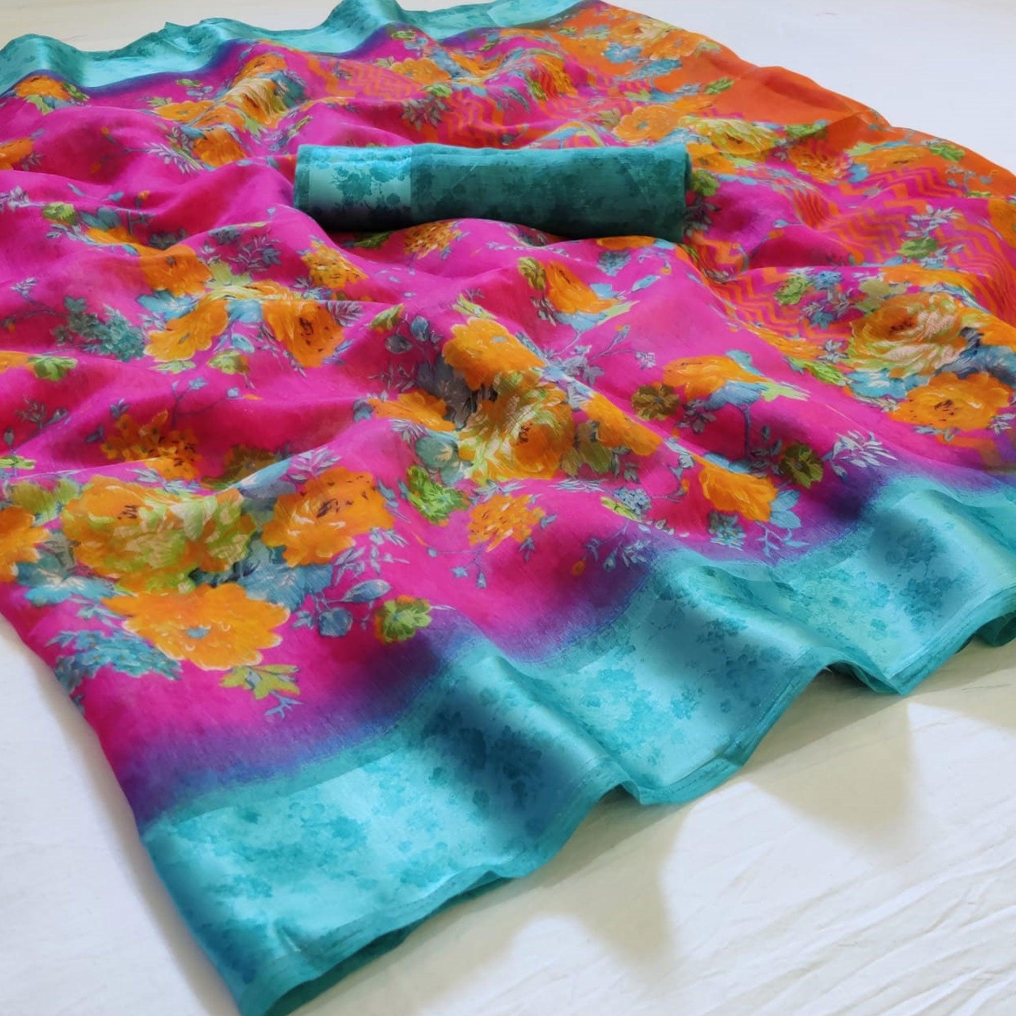 Exclusive Purple Colored Casual Wear Floral Printed Linen Saree - Peachmode