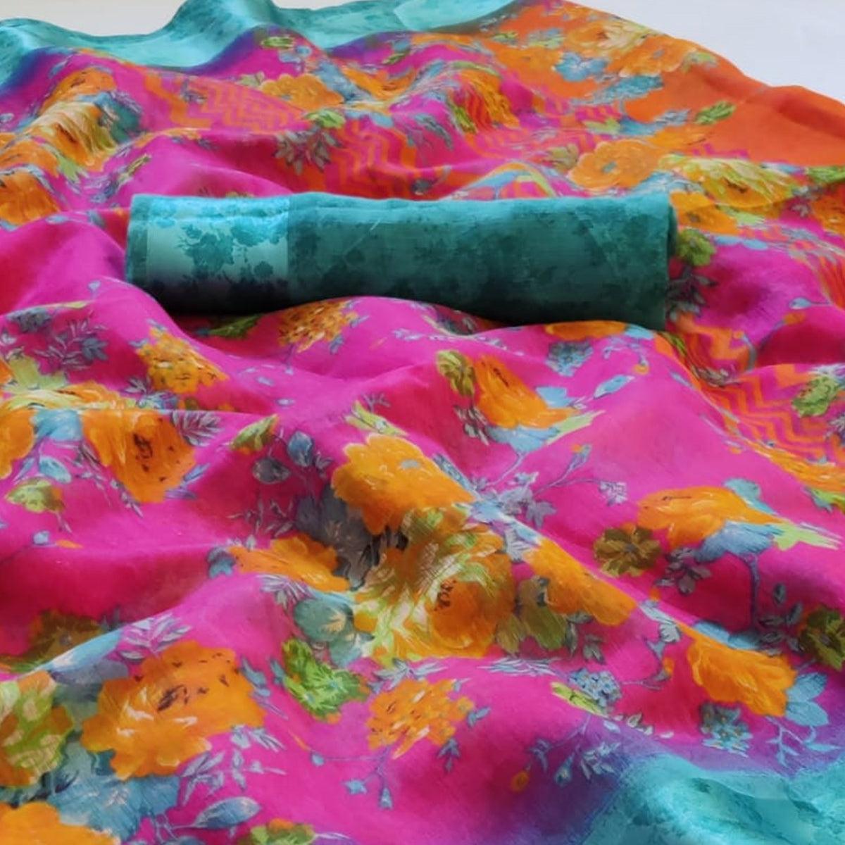 Exclusive Purple Colored Casual Wear Floral Printed Linen Saree - Peachmode