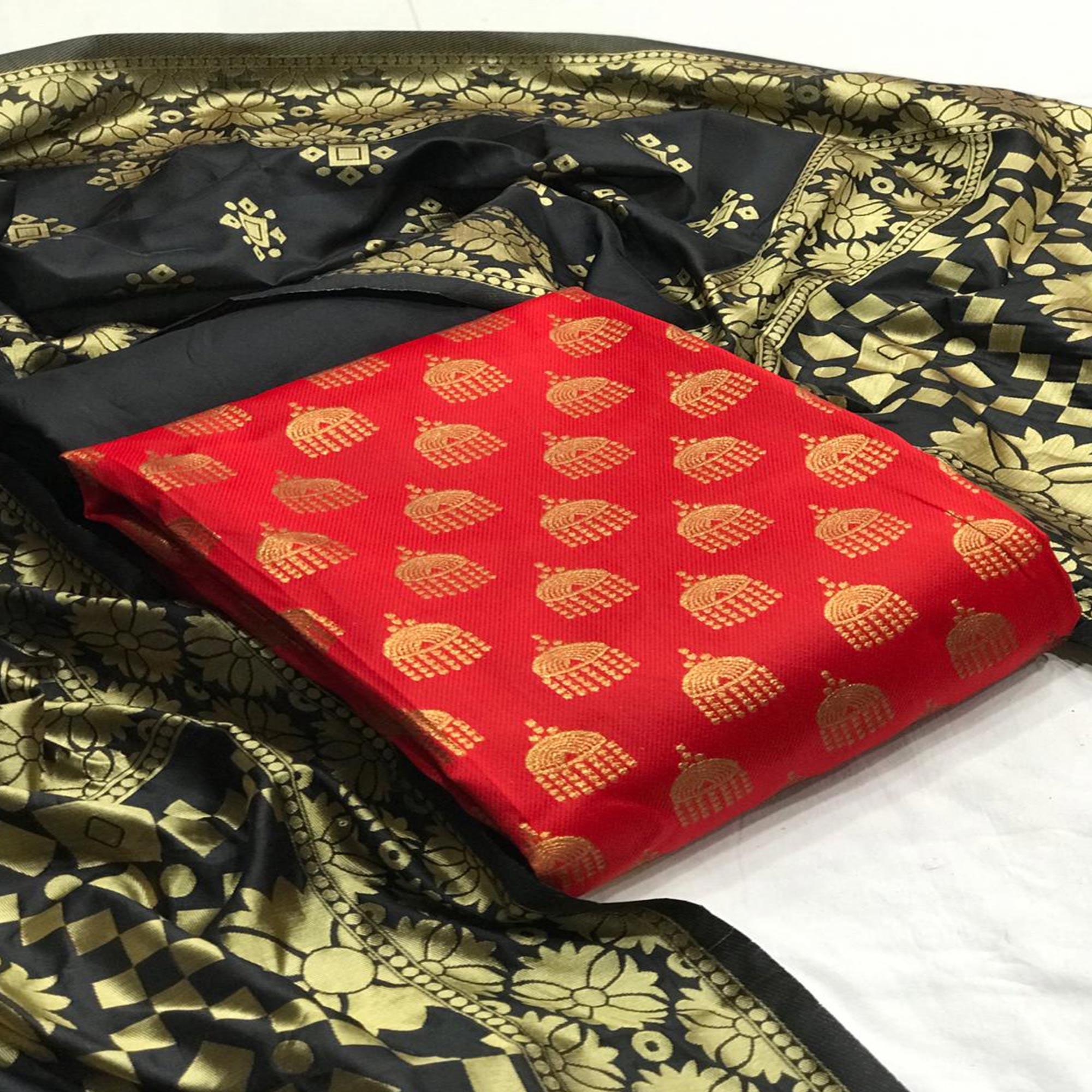 Exclusive Red Colored Casual Wear Banarasi Silk Dress Material - Peachmode