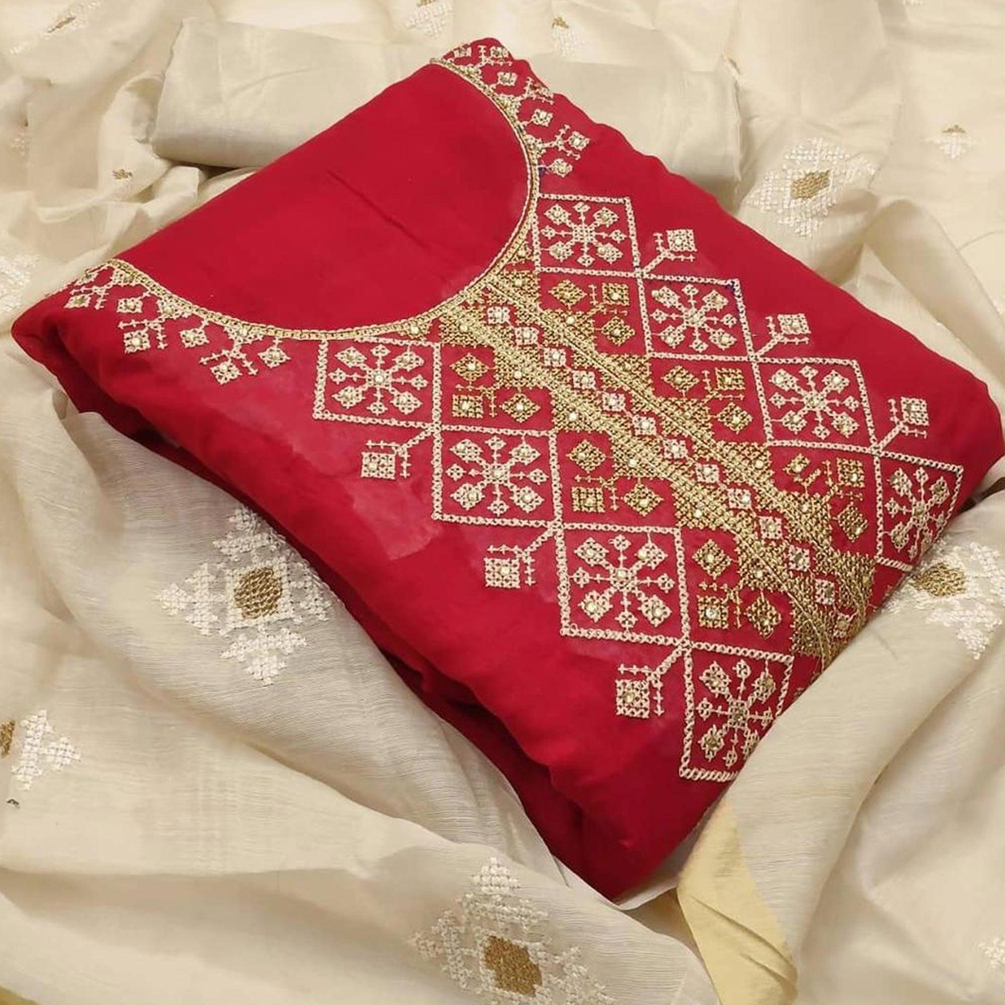 Exclusive Red Colored Casual Wear Embroidered Chanderi Modal Dress Material - Peachmode