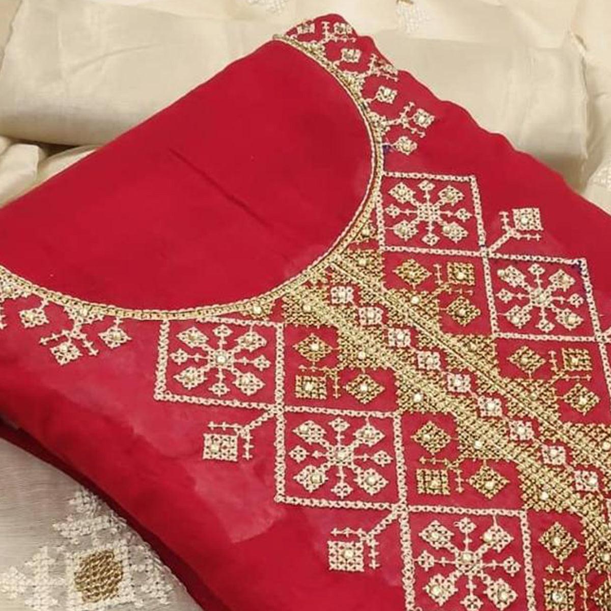 Exclusive Red Colored Casual Wear Embroidered Chanderi Modal Dress Material - Peachmode