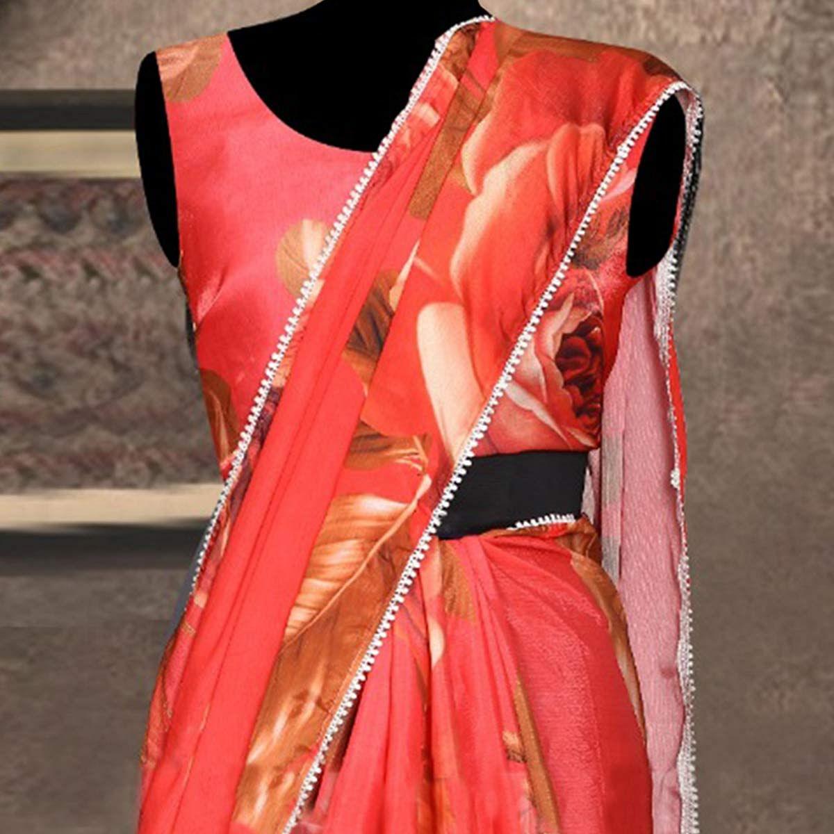 Exclusive Red Colored Partywear Digital Printed Chiffon Silk Saree - Peachmode