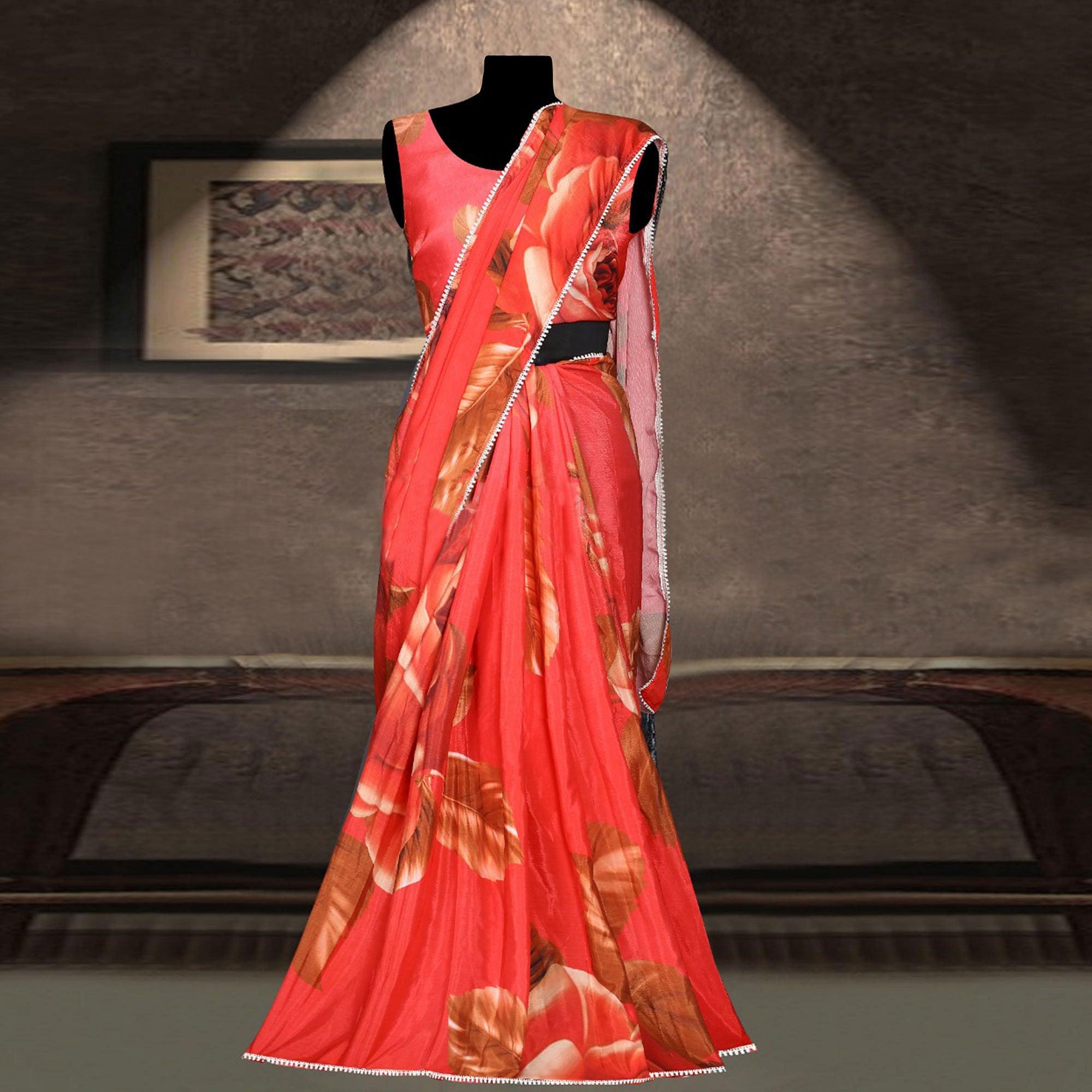 Exclusive Red Colored Partywear Digital Printed Chiffon Silk Saree - Peachmode