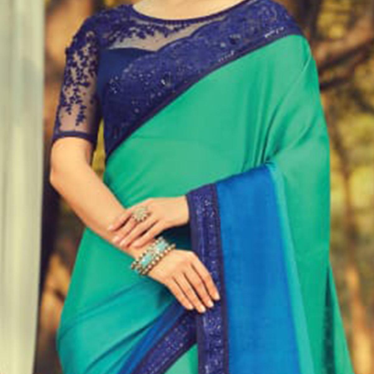 Exclusive Turquoise Green - Blue Colored Partywear Embroidered Silk Saree - Peachmode