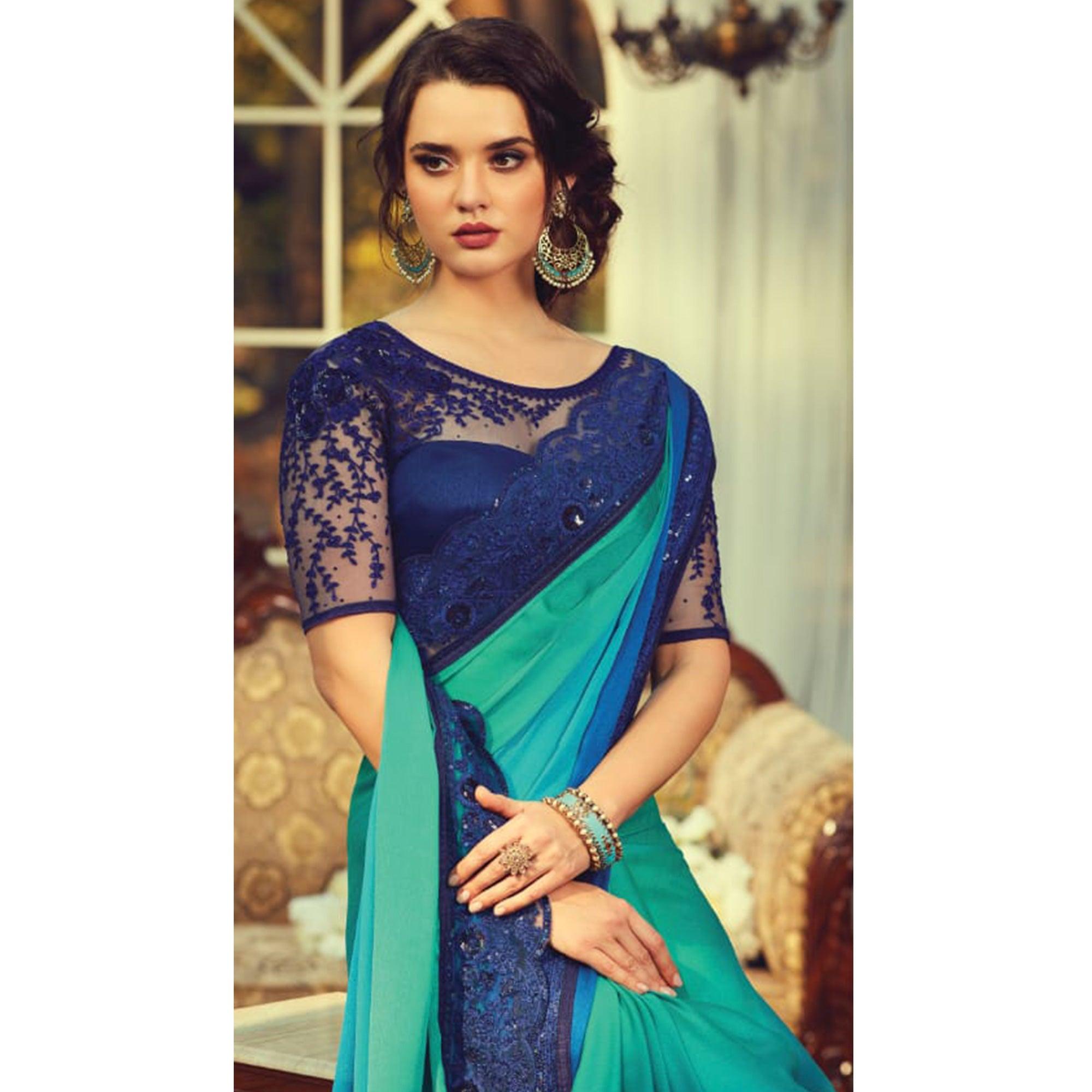 Exclusive Turquoise Green - Blue Colored Partywear Embroidered Silk Saree - Peachmode