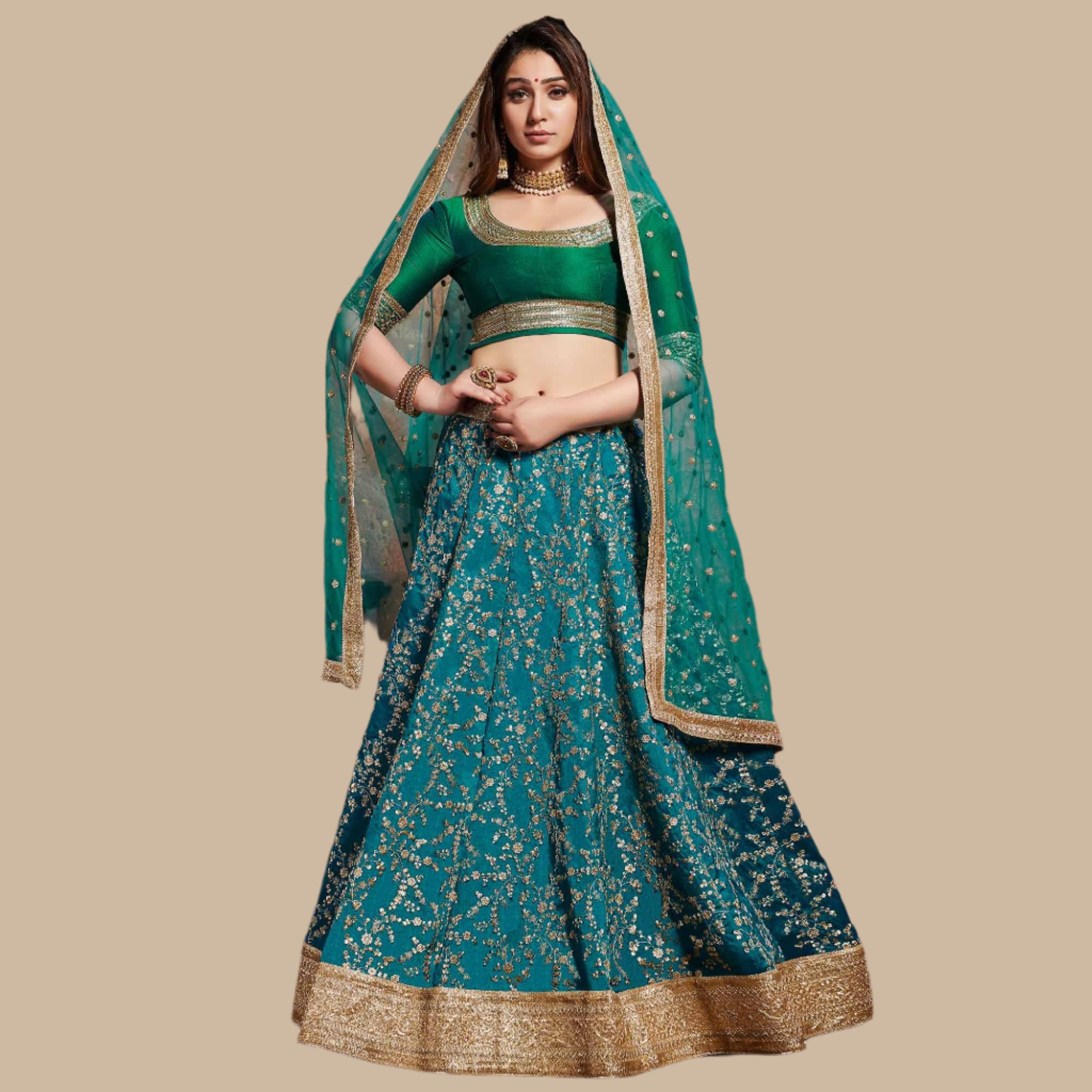 Exclusive Turquoise Green Colored Wedding Wear Embroidered Art Silk Lehenga Choli - Peachmode