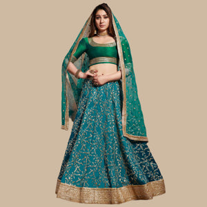 Exclusive Turquoise Green Colored Wedding Wear Embroidered Art Silk Lehenga Choli - Peachmode
