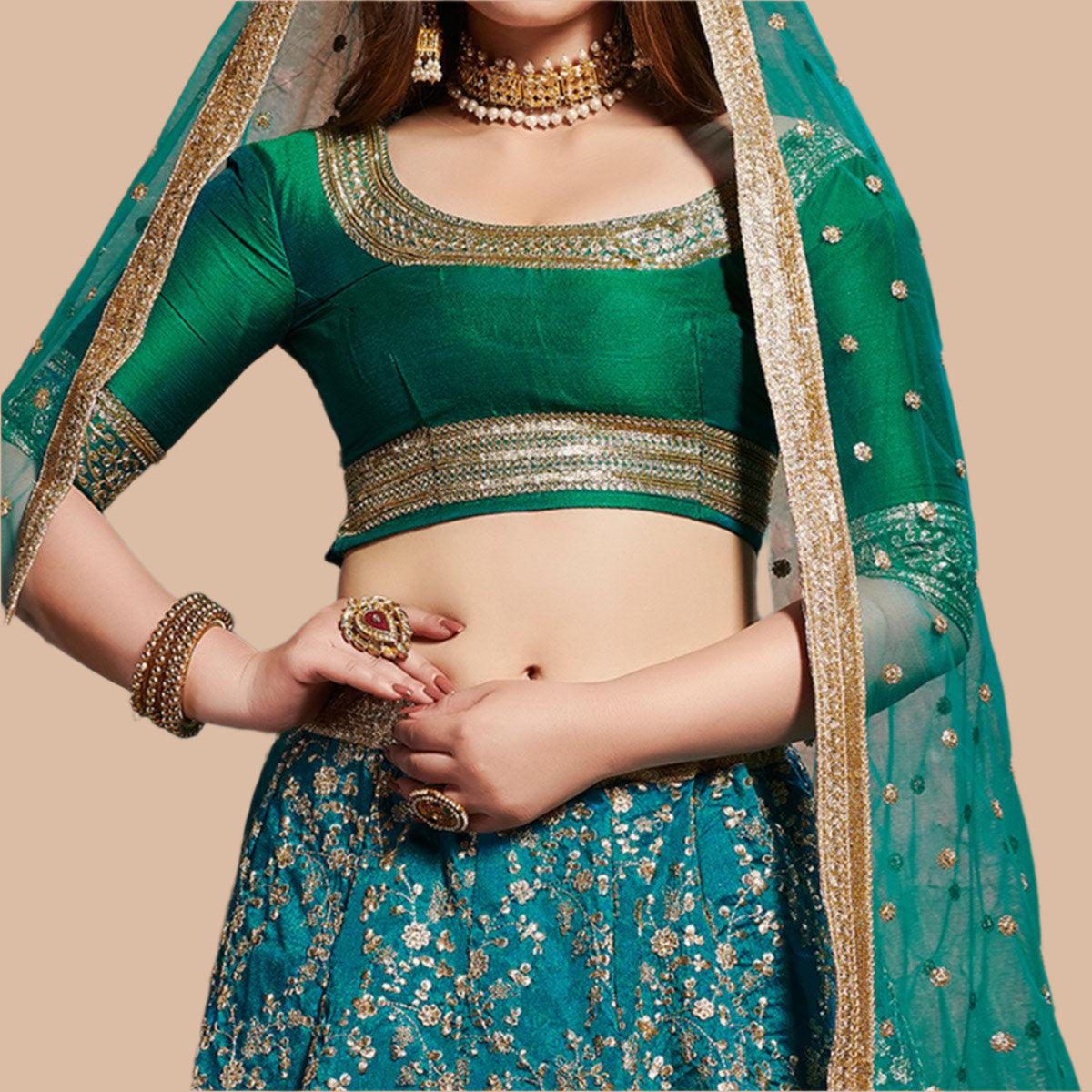 Exclusive Turquoise Green Colored Wedding Wear Embroidered Art Silk Lehenga Choli - Peachmode