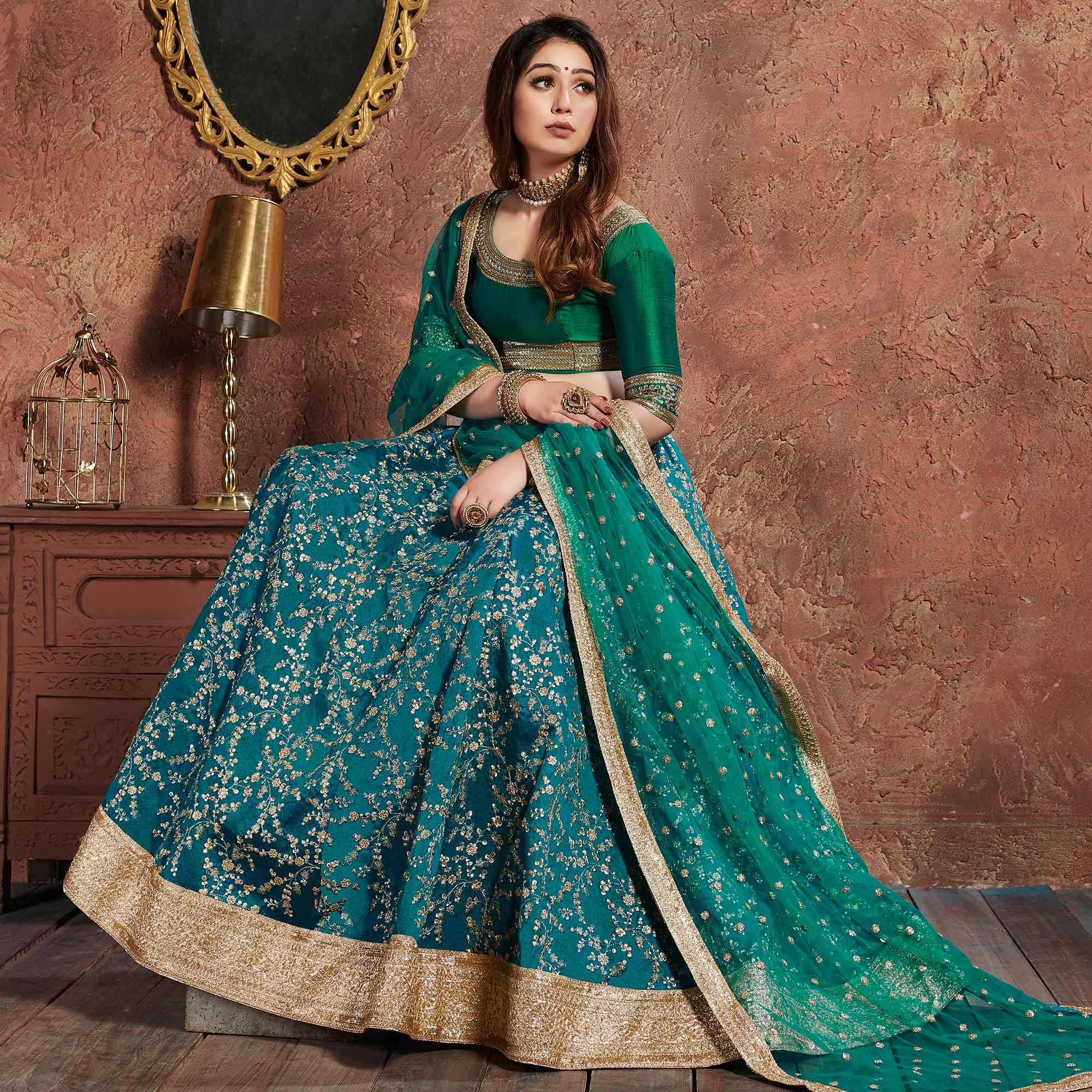 Exclusive Turquoise Green Colored Wedding Wear Embroidered Art Silk Lehenga Choli - Peachmode