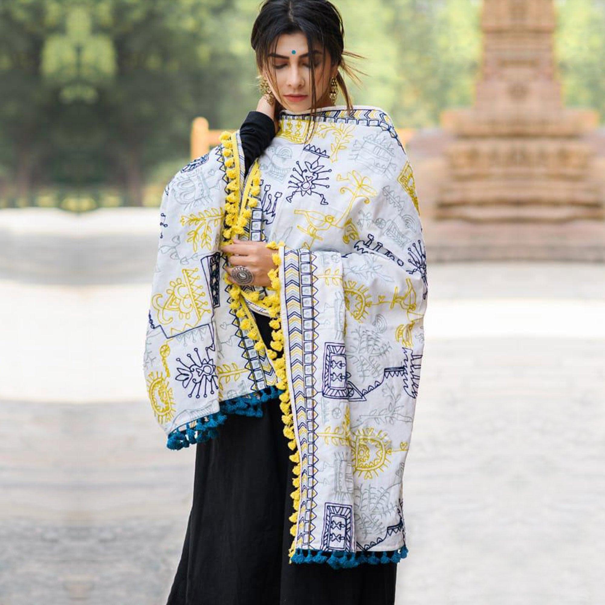 Exclusive White Colored Embroidered Cotton Dupatta - Peachmode