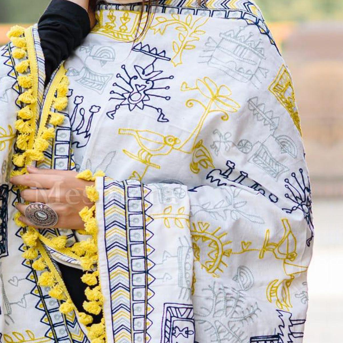 Exclusive White Colored Embroidered Cotton Dupatta - Peachmode