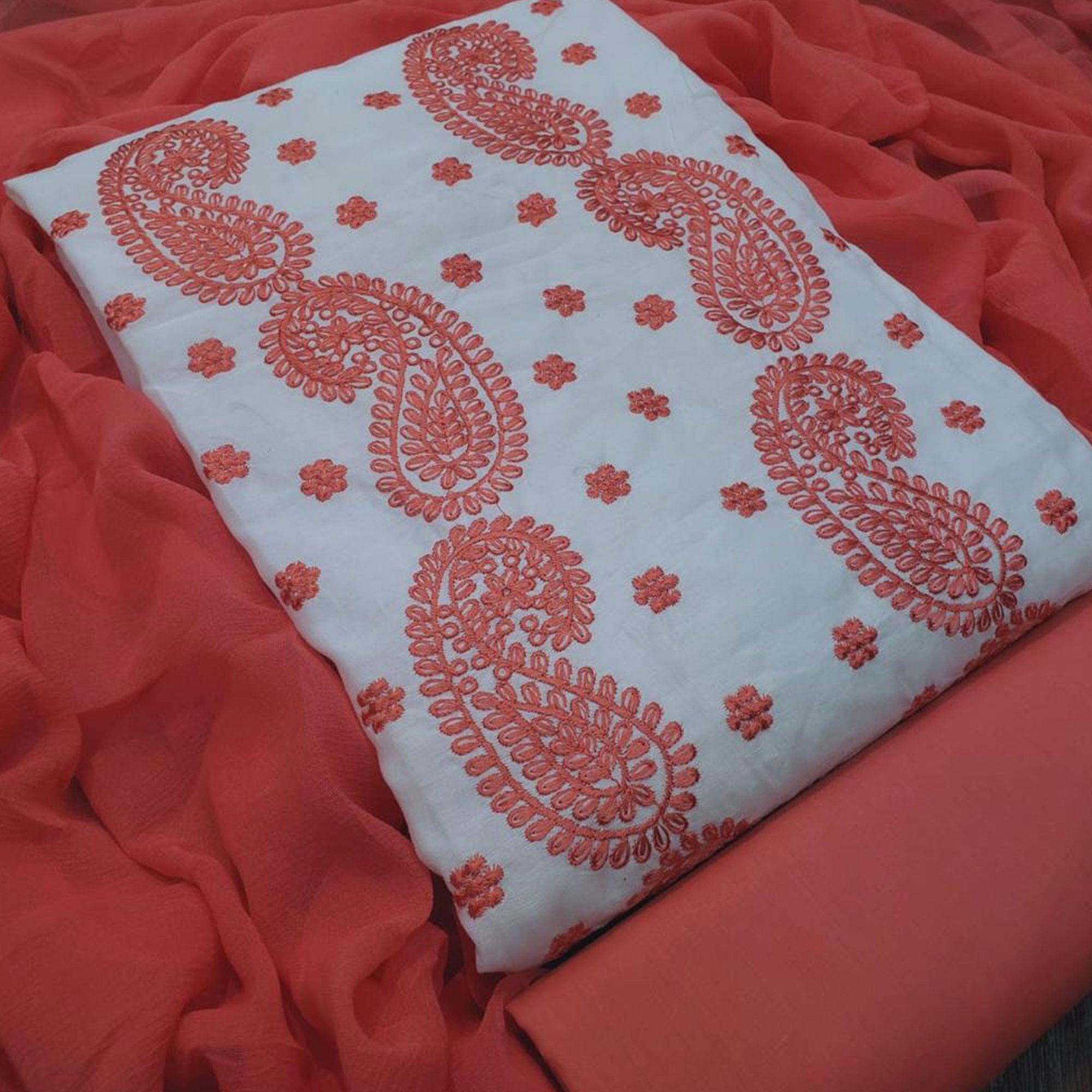 Exclusive White - Dark Peach Colored Casual Wear Embroidered Modal Chanderi Dress Material - Peachmode