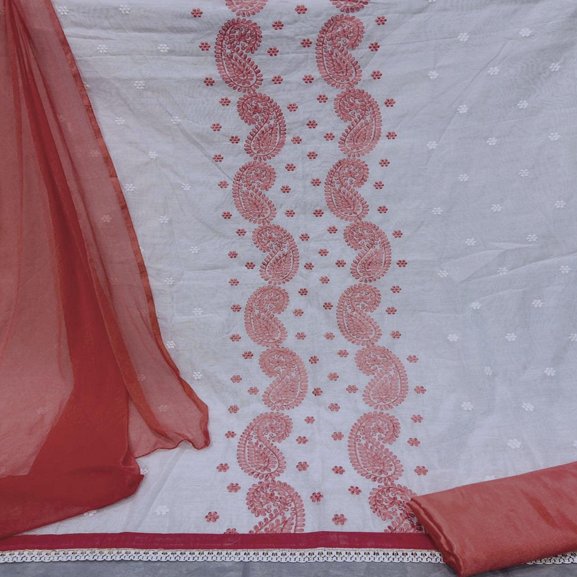 Exclusive White - Dark Peach Colored Casual Wear Embroidered Modal Chanderi Dress Material - Peachmode