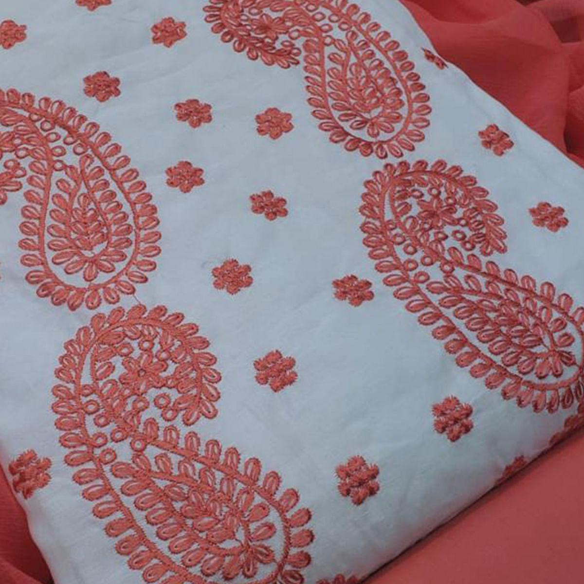 Exclusive White - Dark Peach Colored Casual Wear Embroidered Modal Chanderi Dress Material - Peachmode