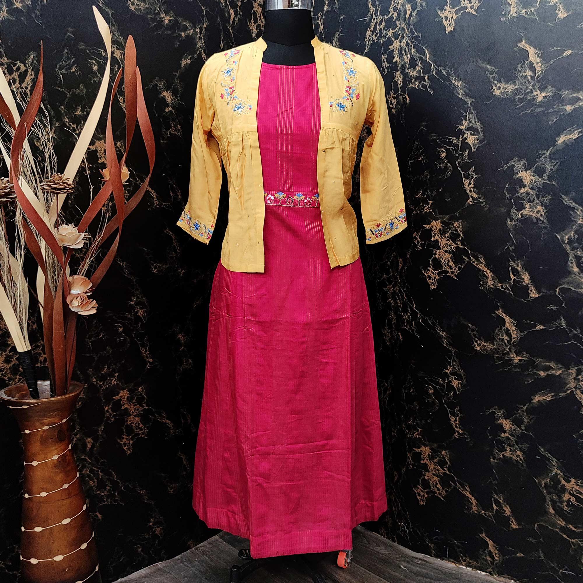 Exclusive Yellow - Pink Colored Partywear Embroidered Cotton Silk Kurti With Jacket - Peachmode