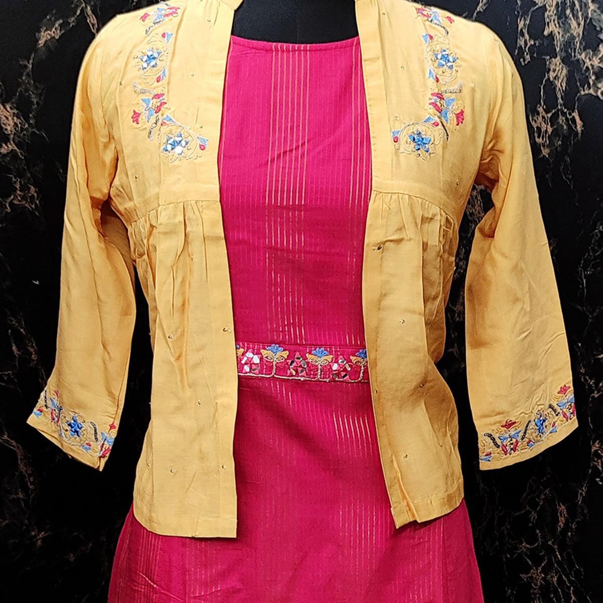 Exclusive Yellow - Pink Colored Partywear Embroidered Cotton Silk Kurti With Jacket - Peachmode