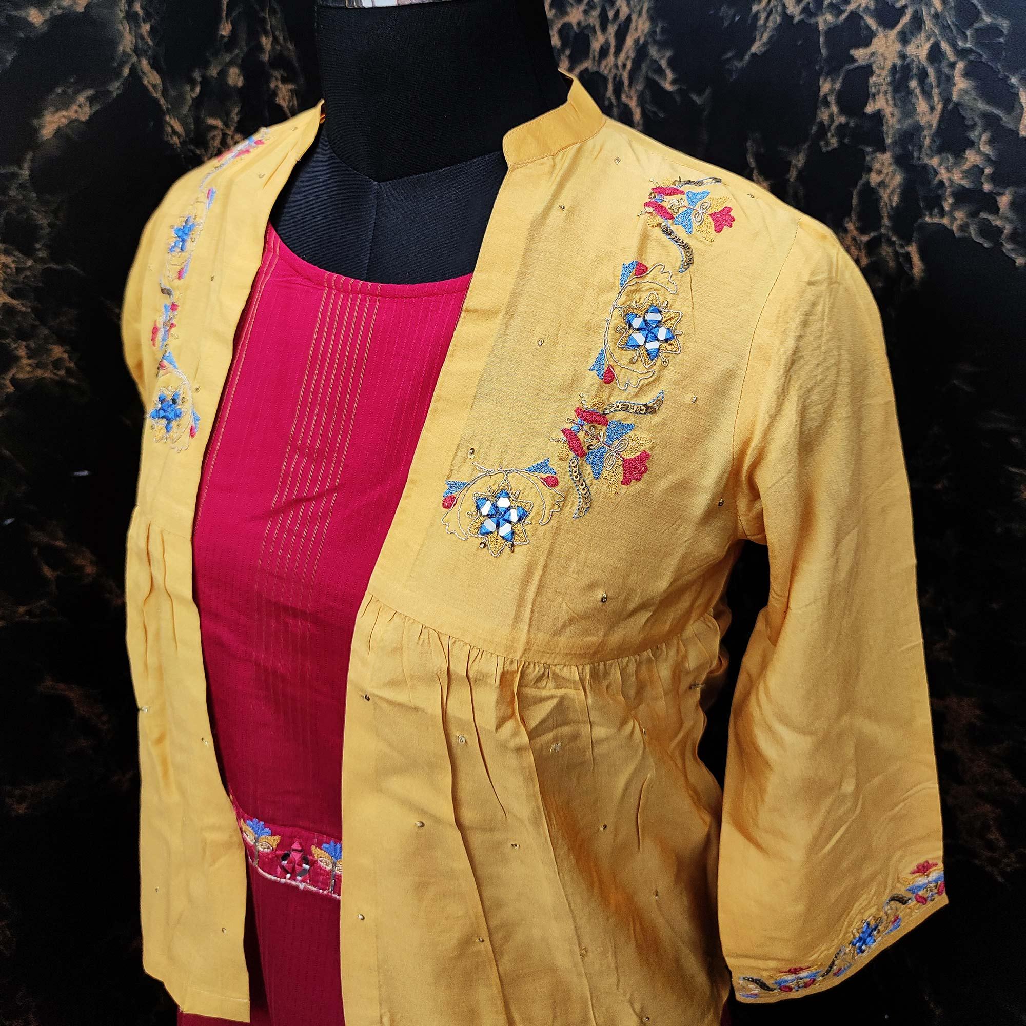 Exclusive Yellow - Pink Colored Partywear Embroidered Cotton Silk Kurti With Jacket - Peachmode